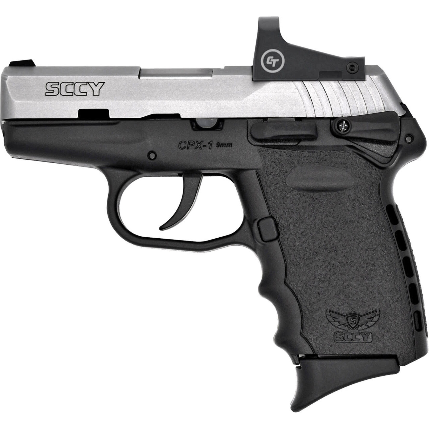 SCCY SCCY Semi-Auto Pistol, 9MM, 3.1" Bl, Two-Tone, SS, Black, Crimson Trace Red Dot Sight, Manual Safety, 1 - Stainless/Silver, 3.1" Barrel, 10 Rounds, Polymer Grips, Optics Included Sights