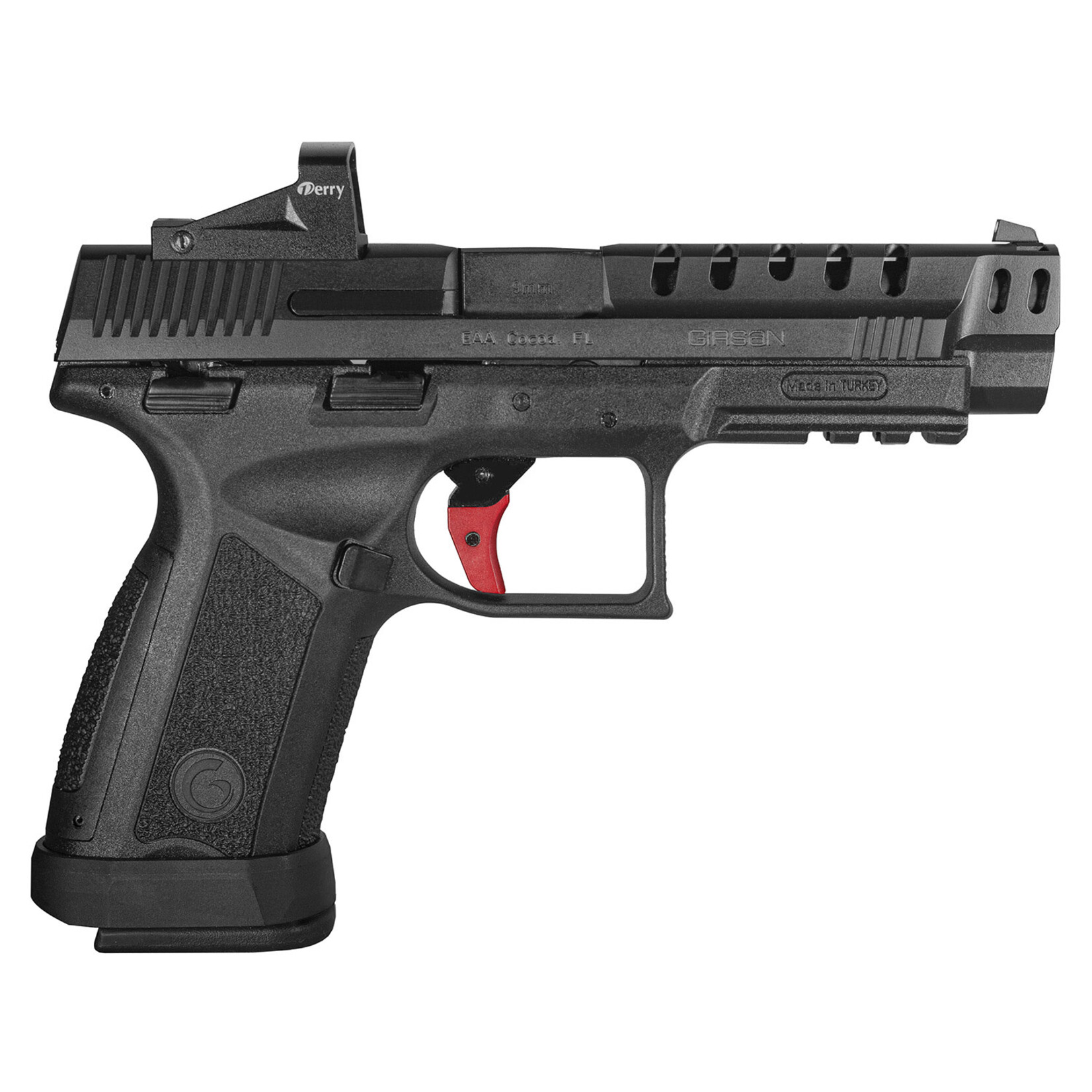 EAA EAA GIRSAN MC9 Match TV 9mm Luger 17+1 4.20" Black Match Grade Steel Barrel, Blued Optic Ready/Ported/Serrated Steel Slide, Black Polymer Frame w/Picatinny Rail, EAA Far-Dot Red Dot, Ambidextrous