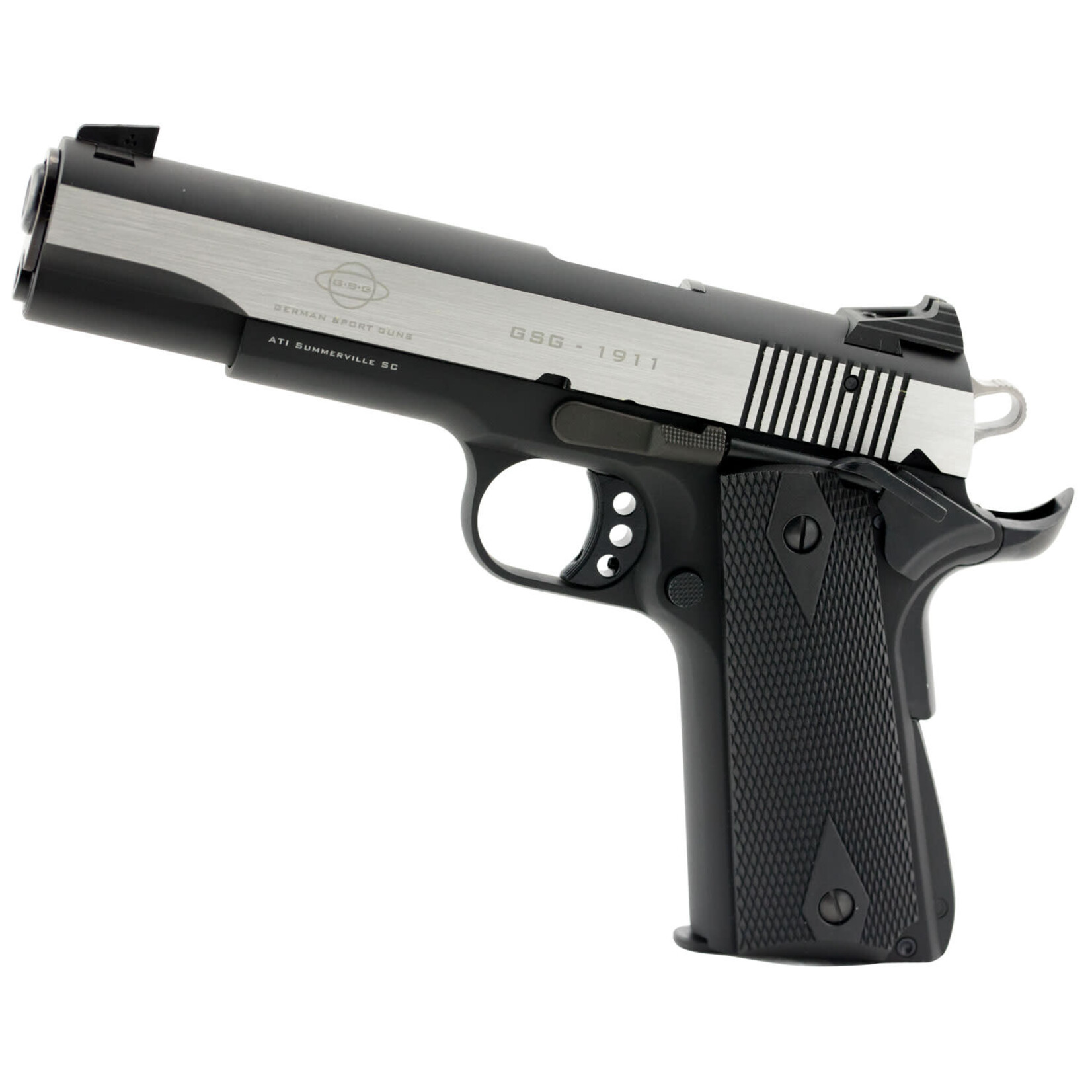 GSG GSG 1911 22 LR 10+1 5" Steel, Threaded Barrel, Black Anodized w/Polished Slides For Stainless Look, Serrated Slide, Black Anodized Zinc Alloy w/Beavertail Frame, Black Double Diamond Polymer Grip