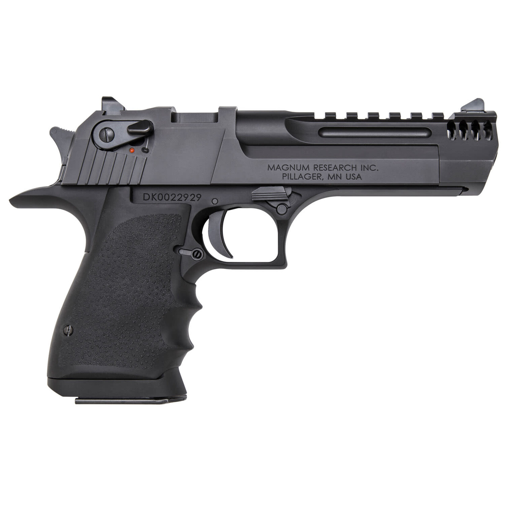 Magnum Research Magnum Research Desert Eagle L5 44 Rem Mag 8+1, 5" Black Steel w/Integral Muzzle Brake & Picatinny Rail Barrel, Black Serrated Carbon Steel Slide, Black Anodized Aluminum Frame w/Beavertail, Black Hogue Finger Groove Grip, Ambidextrous Safety
