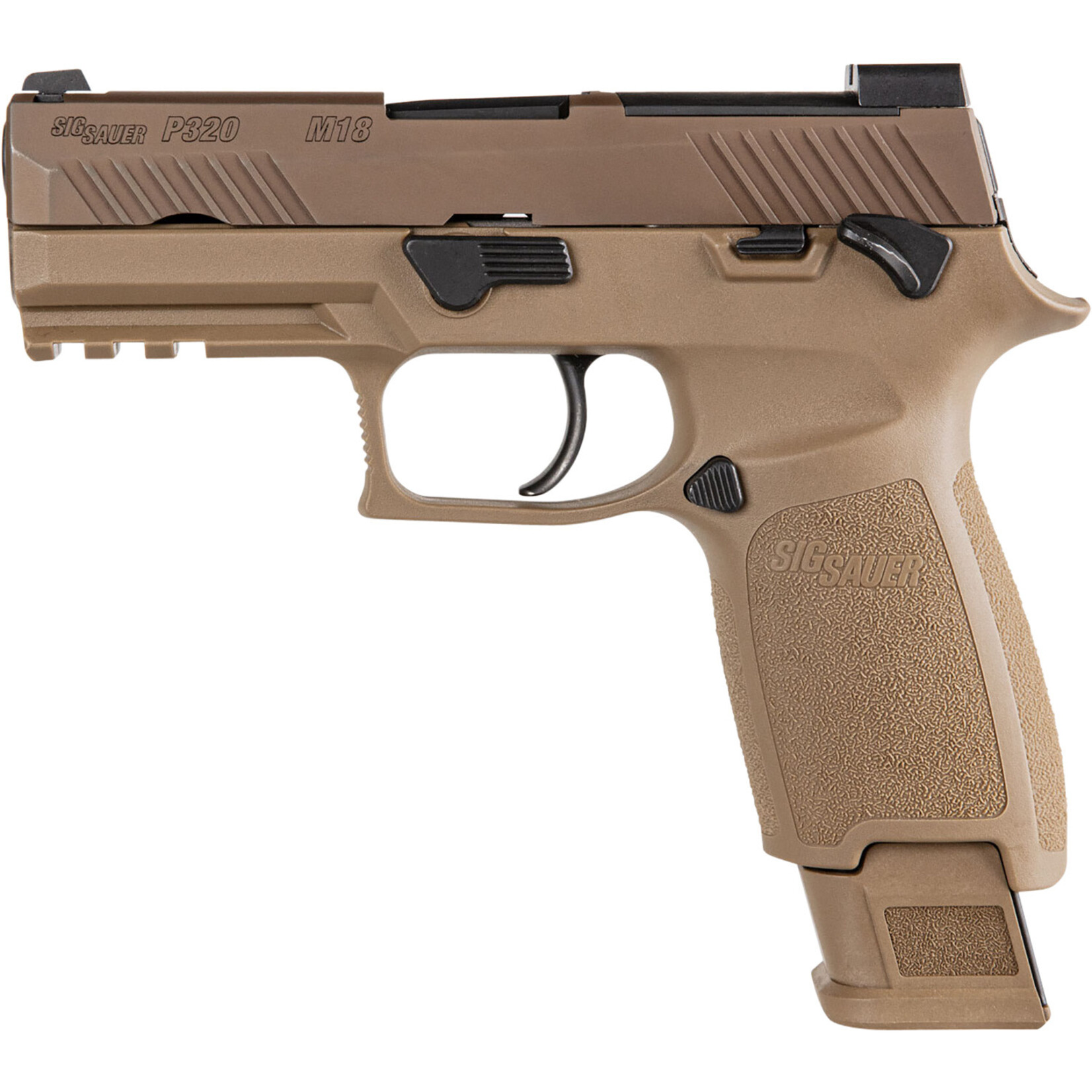 SIG SAUER Sig Sauer P320 M18 Carry Frame 9mm Luger 17+1/21+1, 3.90" Black Carbon Steel Barrel, Coyote PVD Optic Cut/Serrated SS Slide & Frame w/Beavertail & Picatinny Rail, Coyote Polymer Grip, Ambidextrous, 3 Magazines, Optic Plate