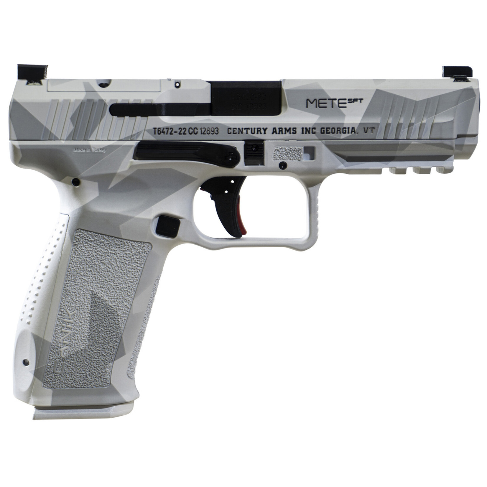 Canik Canik Mete SFT Exclusive Finish Full Size Frame 9mm Luger 20+1/18+1, 4.46" Black Match Grade Barrel, Arctic Splinter Cerakote Optic Ready/Serrated Steel Slide, Polymer Frame w/Beavertail & Picatinny Rail, Ambidextrous