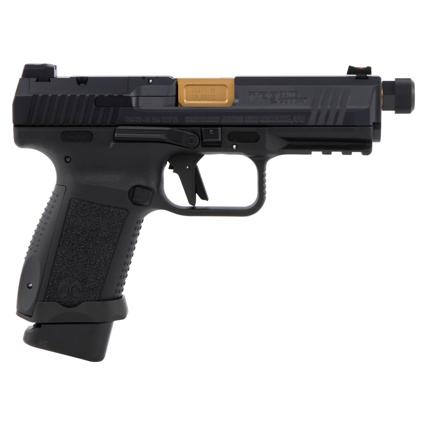 Canik Canik TP9 Elite Combat Executive 9mm Luger 15+1/18+1, 4.73" Gold Plated PVD Fluted/ Match Grade/Threaded Barrel, Black Nitride Optic Ready/Serrated Steel Slide, Black Polymer Frame w/Picatinny Rail