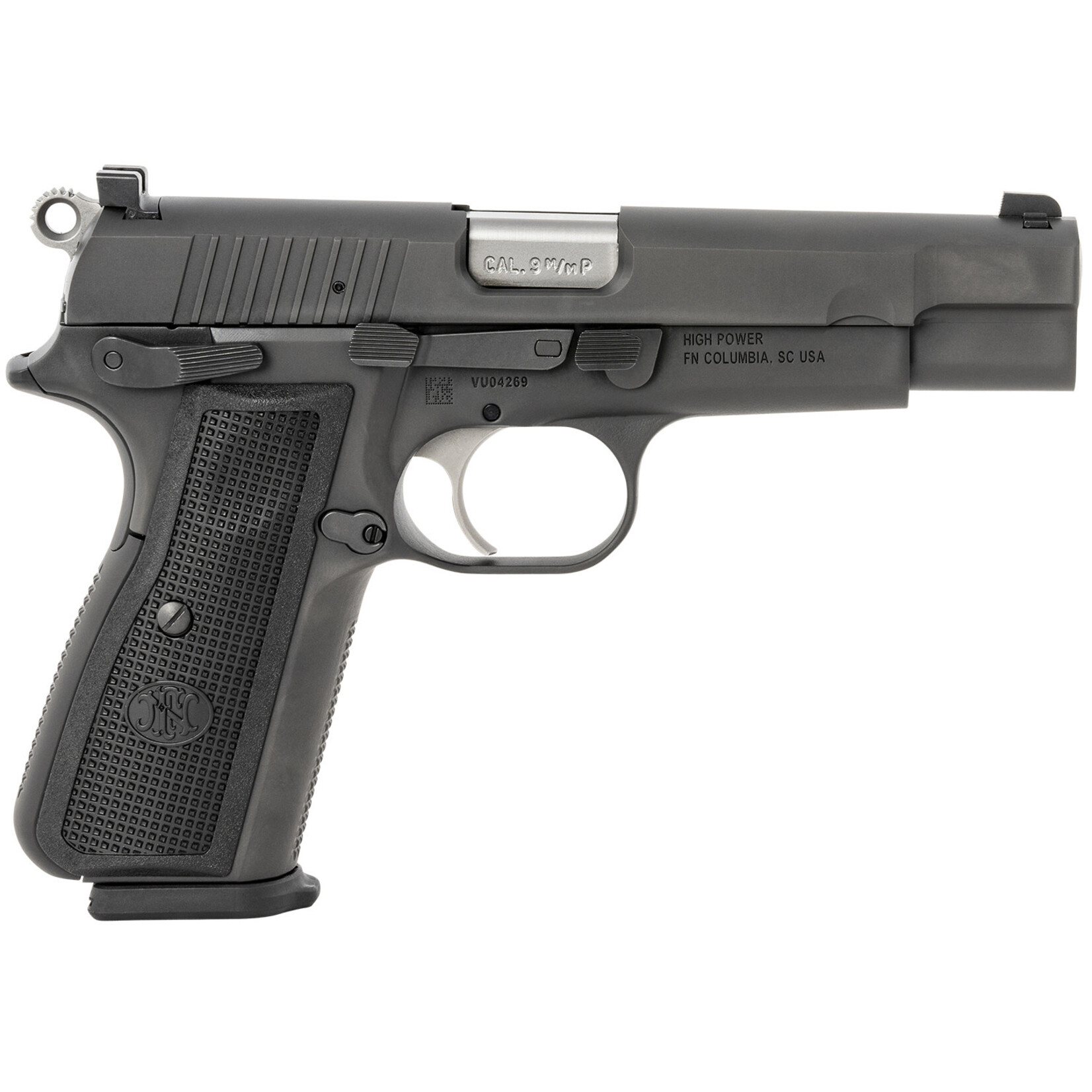 FN America FN High Power 9mm Luger 17+1 4.70" Black Target Crown Steel Barre, Black PVD Serrated Slide, Matte Black Steel Frame w/Beavertail, Black Polymer Grips Ambidextrous