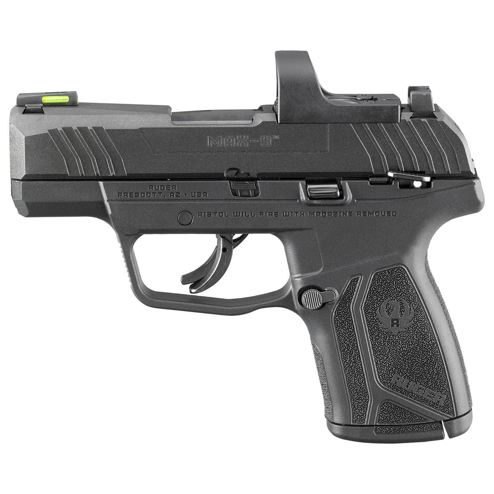 Ruger Ruger Max-9 w/ReadyDot Sight Compact 9mm Luger 12+1 3.20" Black Oxide Steel Barrel & Serrated Slide, Black Polymer Frame, Black Nylon Grips Features ReadyDot Micro Reflex Sight