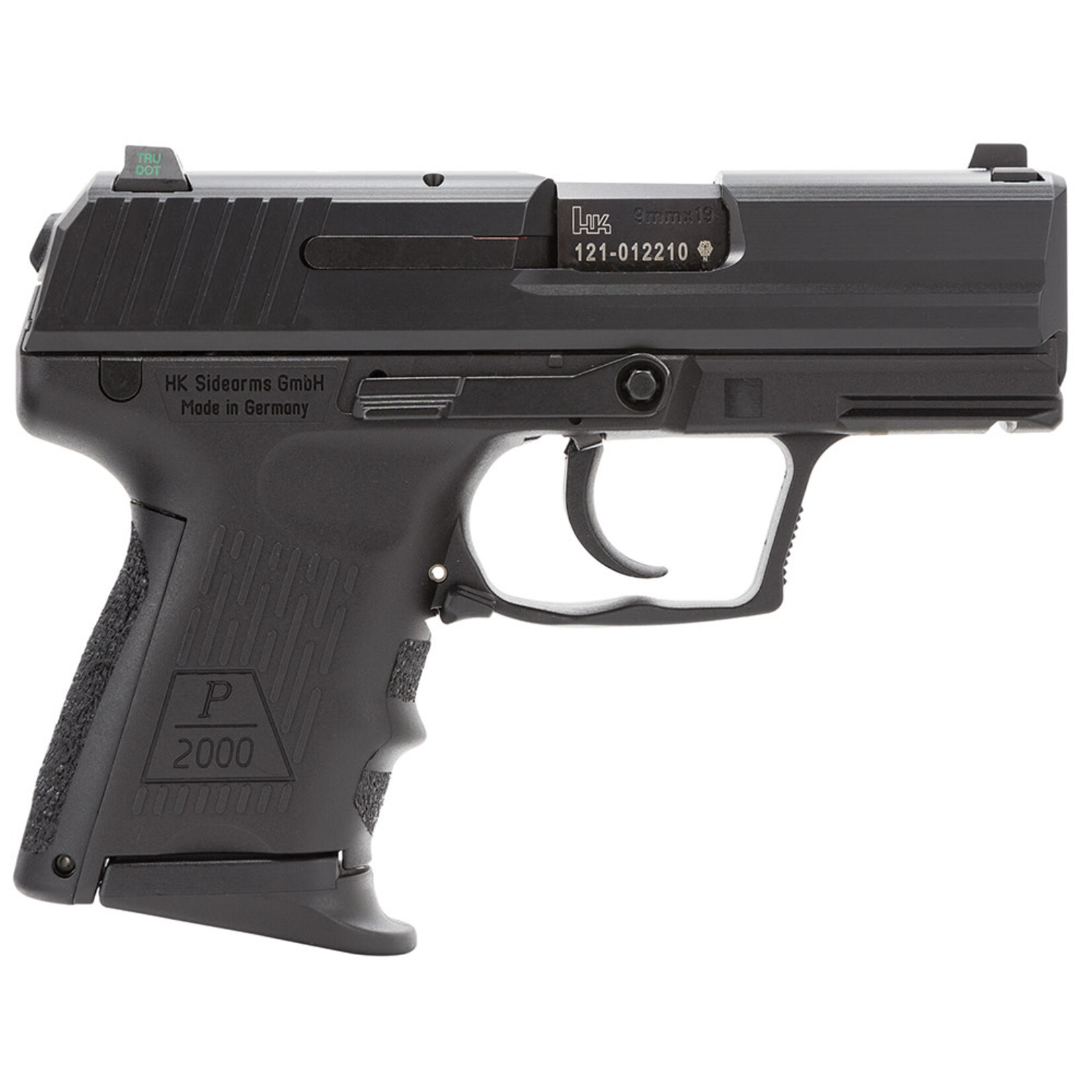 HK HK P2000 V2 LEM 9mm Luger Caliber with 3.66" Barrel, 13+1 Capacity, Overall Black Finish, Picatinny Rail Frame, Serrated Steel Slide, Finger Grooved Interchangeable Backstrap Grip & Night Sights Includes 3 Mags