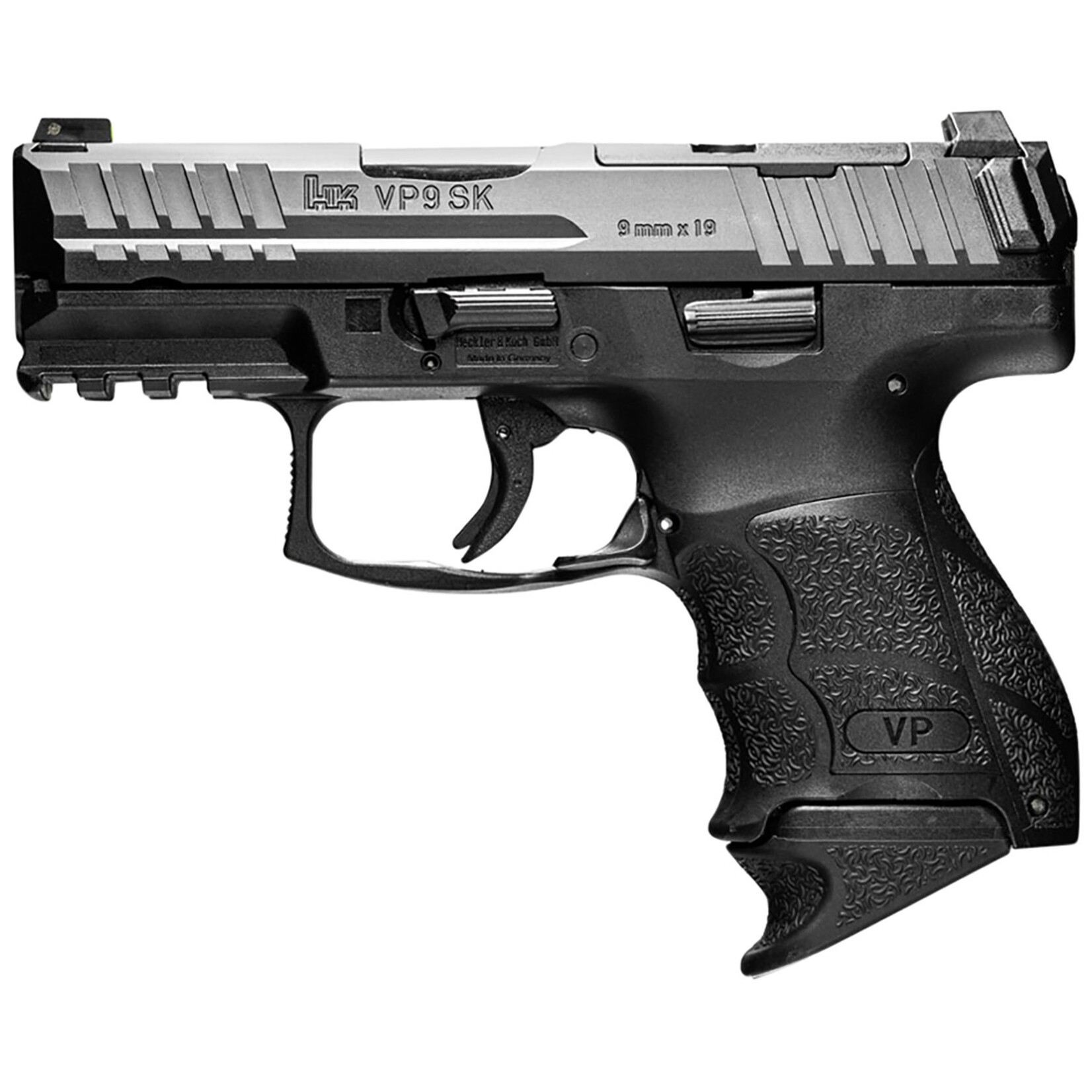 HK HK VP9SK Sub-Compact 9mm Luger 12+1/15+1 3.39" Black Polygonal Rifled Barrel, Black Optic Ready/Serrated Slide & Polymer Frame w/Picatinny Rail, Night Sights, Black Finger Grooved Polymer Grips Ambidextrous