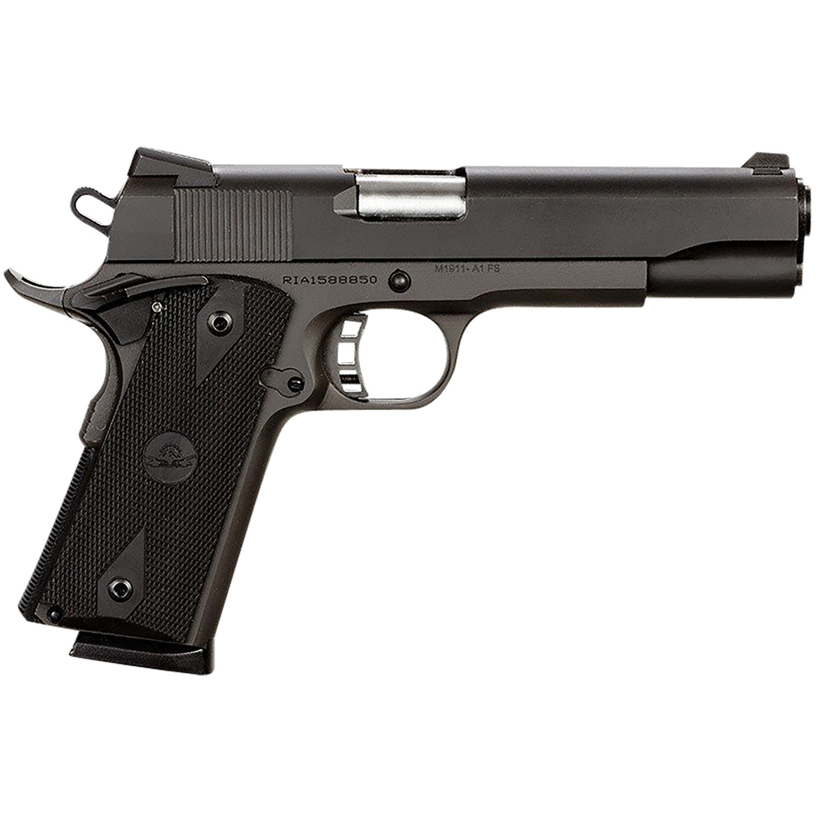 Rock Island Armory Rock Island Rock Standard FS 45 ACP Caliber with 5" Barrel, 8+1 Capacity, Overall Black Parkerized Finish Steel, Beavertail Frame, Serrated Slide & Black Rubber Grip
