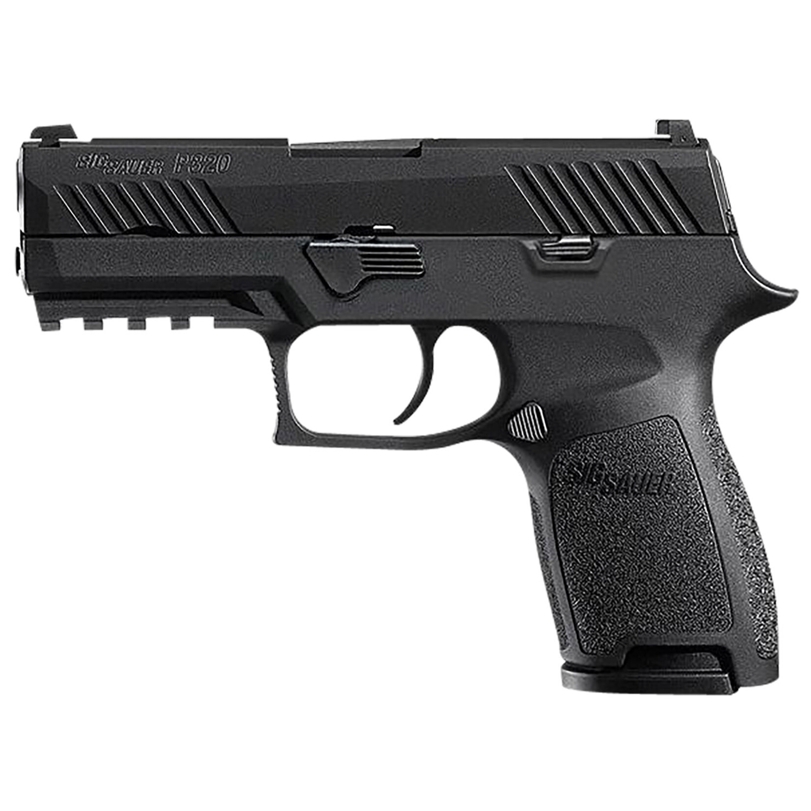 SIG SAUER Sig Sauer P320 *MA Compliant Compact Frame 9mm Luger 10+1, 3.90" Black Carbon Steel Barrel, Black Nitron Serrated Stainless Steel Slide, Black Stainless Steel Frame w/Picatinny Rail, Black Polymer Grip, Manual Safety, Right Hand