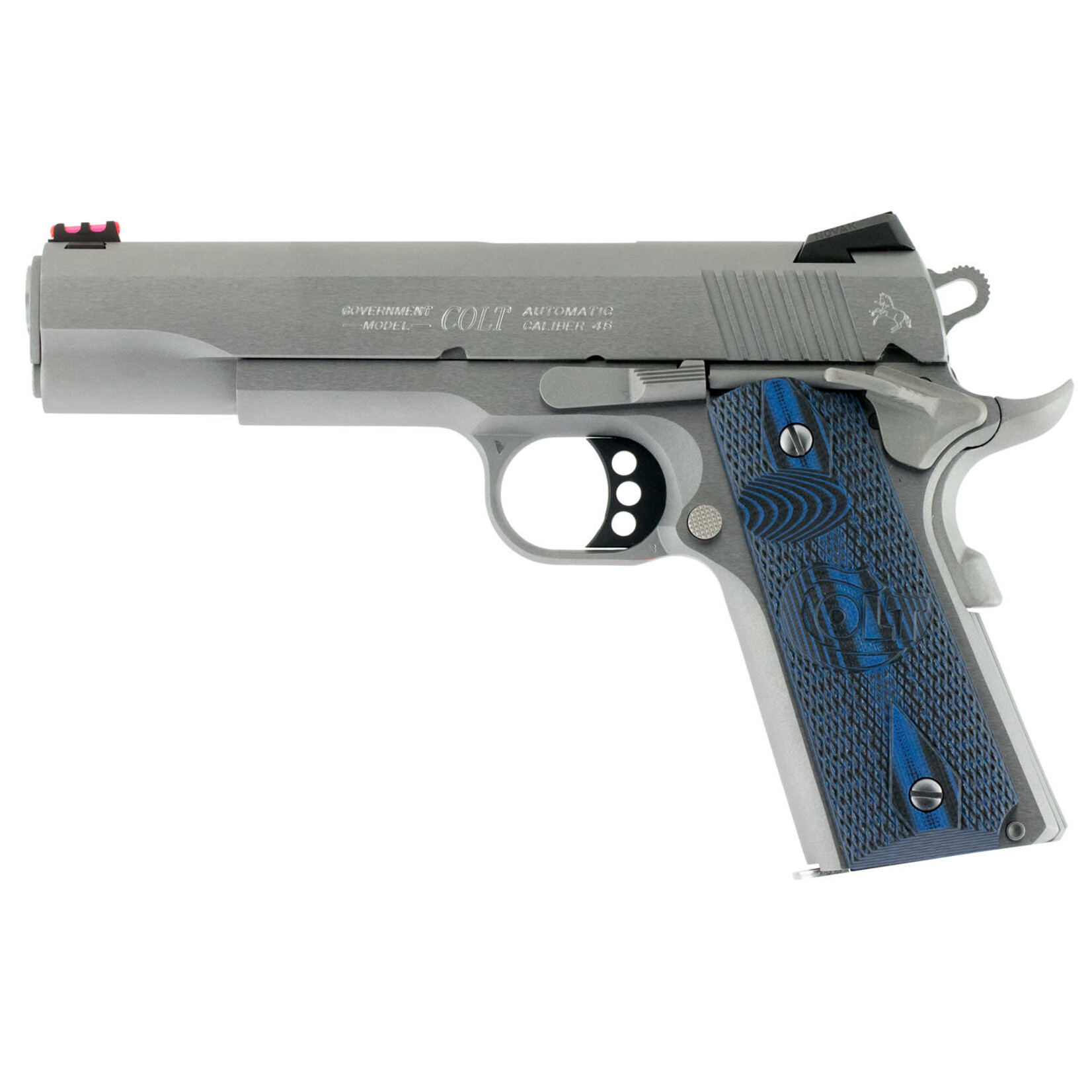 Colt Colt Mfg 1911 Competition Government 45 ACP 8+1 5" Stainless National Match Barrel, Serrated Slide & Frame w/Beavertail, Checkered Blue G10 Grip, Ambidextrous