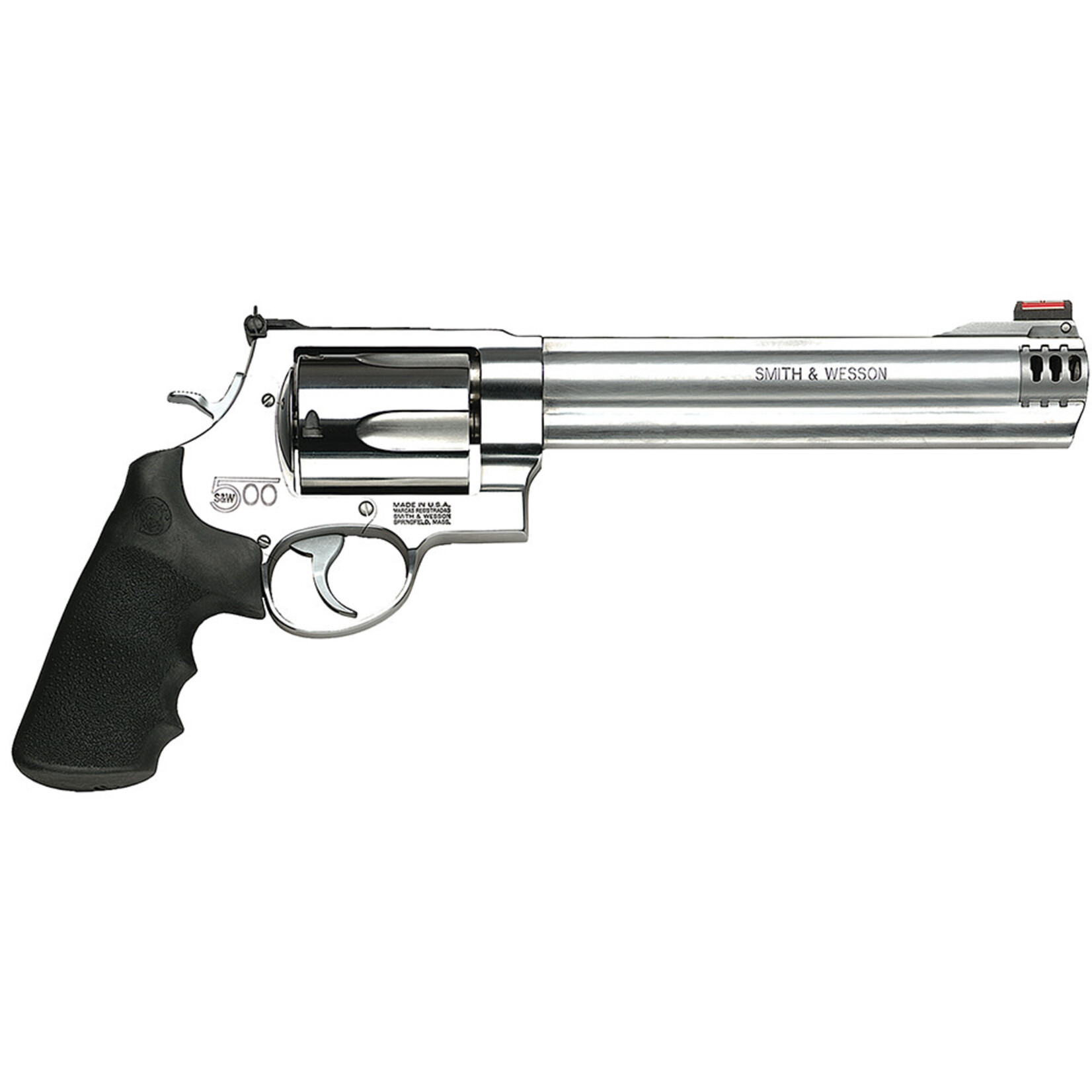 Smith & Wesson Smith & Wesson Model 500 500 S&W Mag Stainless Steel 8.38" Threaded Barrel & 5rd Cylinder, Satin Stainless Steel X-Frame, Interchangeable HiViz Red Dot Front Sight & Compensator, Two Muzzle Brakes