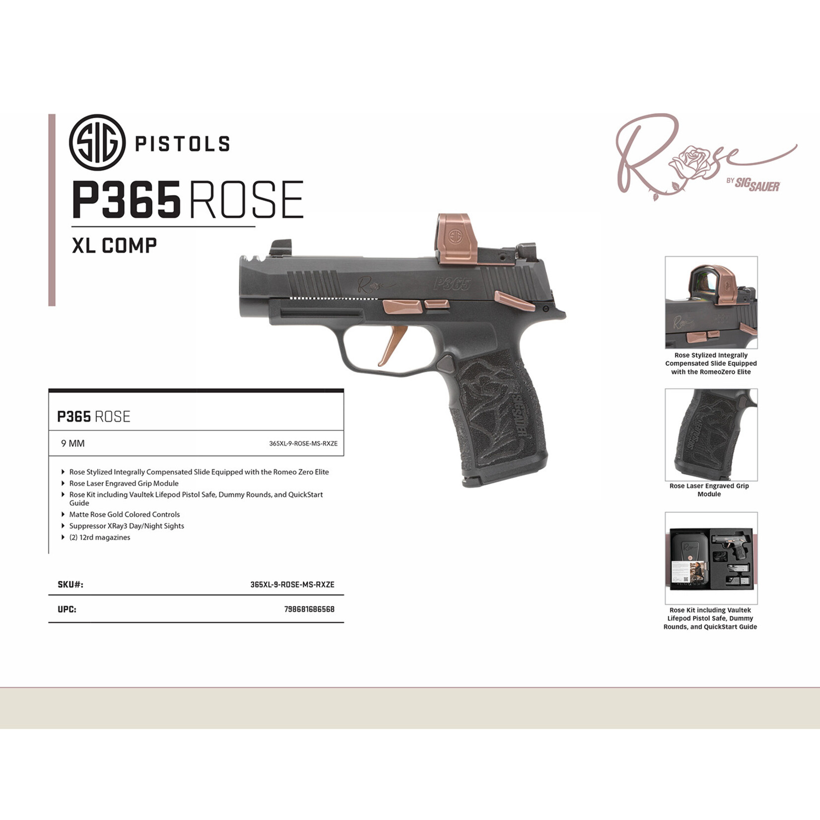 SIG SAUER Sig Sauer P365XL COMP Rose Kit w/Red Dot 9mm Luger 12+1, 3.70" Integrally Compensated/Optic Ready/Serrated Stainless Steel Slide, Black w/Matte Rose Gold Controls Stainless Steel Frame w/Picatinny Rail, Polymer w/Rose Engraved Grip, SIG