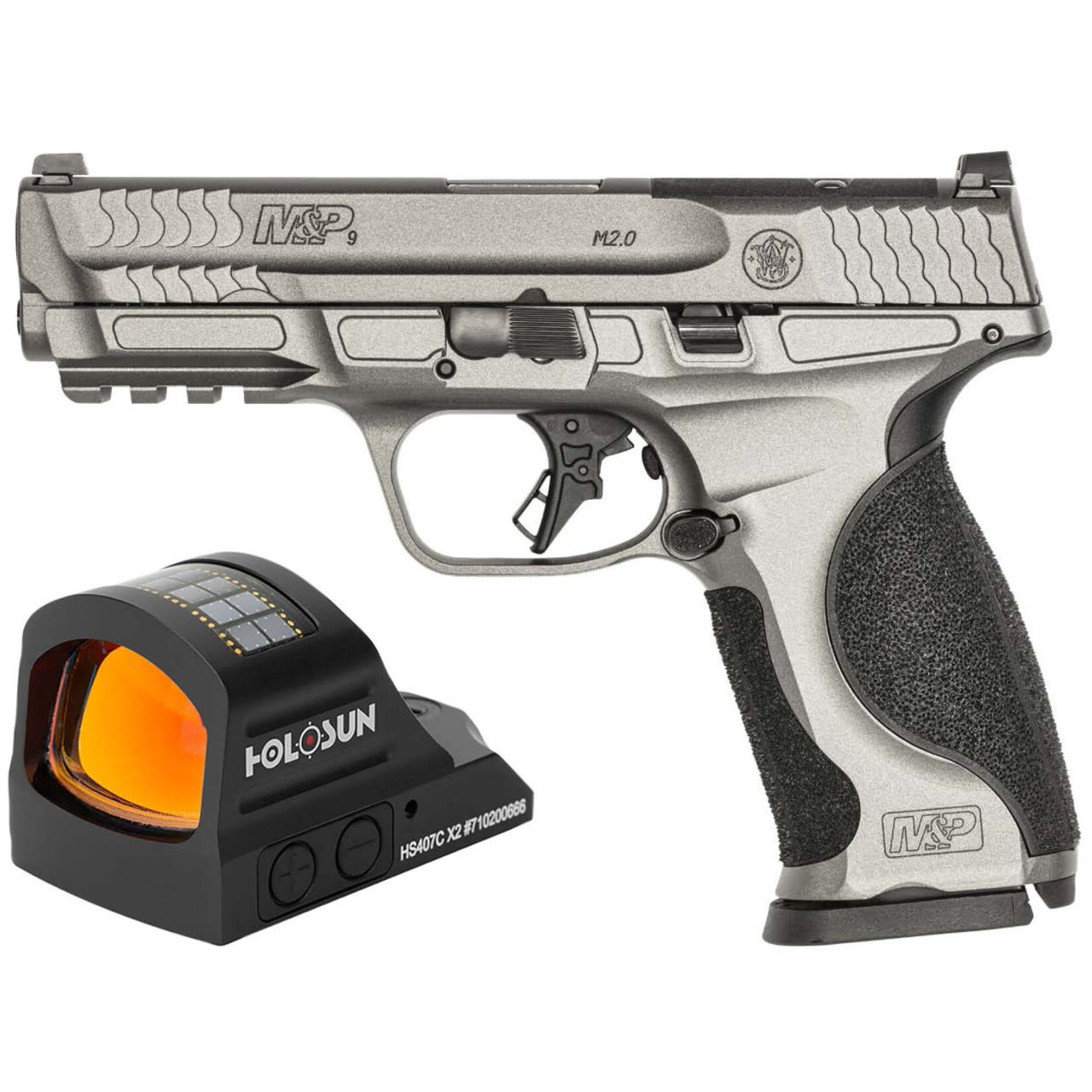 Smith & Wesson Smith & Wesson M&P M2.0 Metal Optic Bundle Full Size Frame 9mm Luger 17+1 4.25" Black Armornite Stainless Steel Barrel, Tungsten Gray Cerakote Optic Cut/Serrated Stainless Steel Slide & Aluminum Frame w/Picatinny Rail, Holosun HS407C X2 R