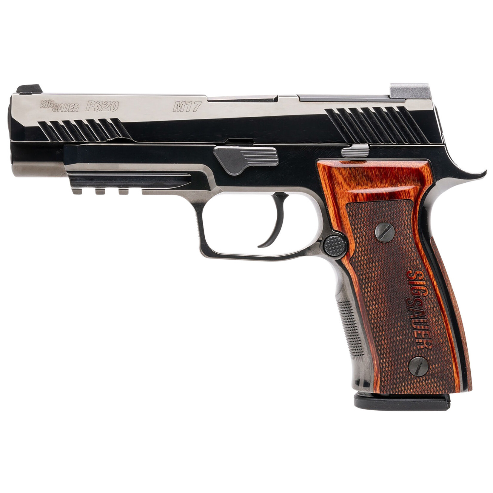 SIG SAUER Sig Sauer P320 M17 Ceremonial Full Size 9mm Luger 21+1 4.70" Black DLC Carbon Steel Barrel, High Polished Black DLC Optic Ready/Serrated Stainless Steel Slide, SS Frame w/Beavertail & Picatinny Rail, Hogue Walnut AXG Grip Panels