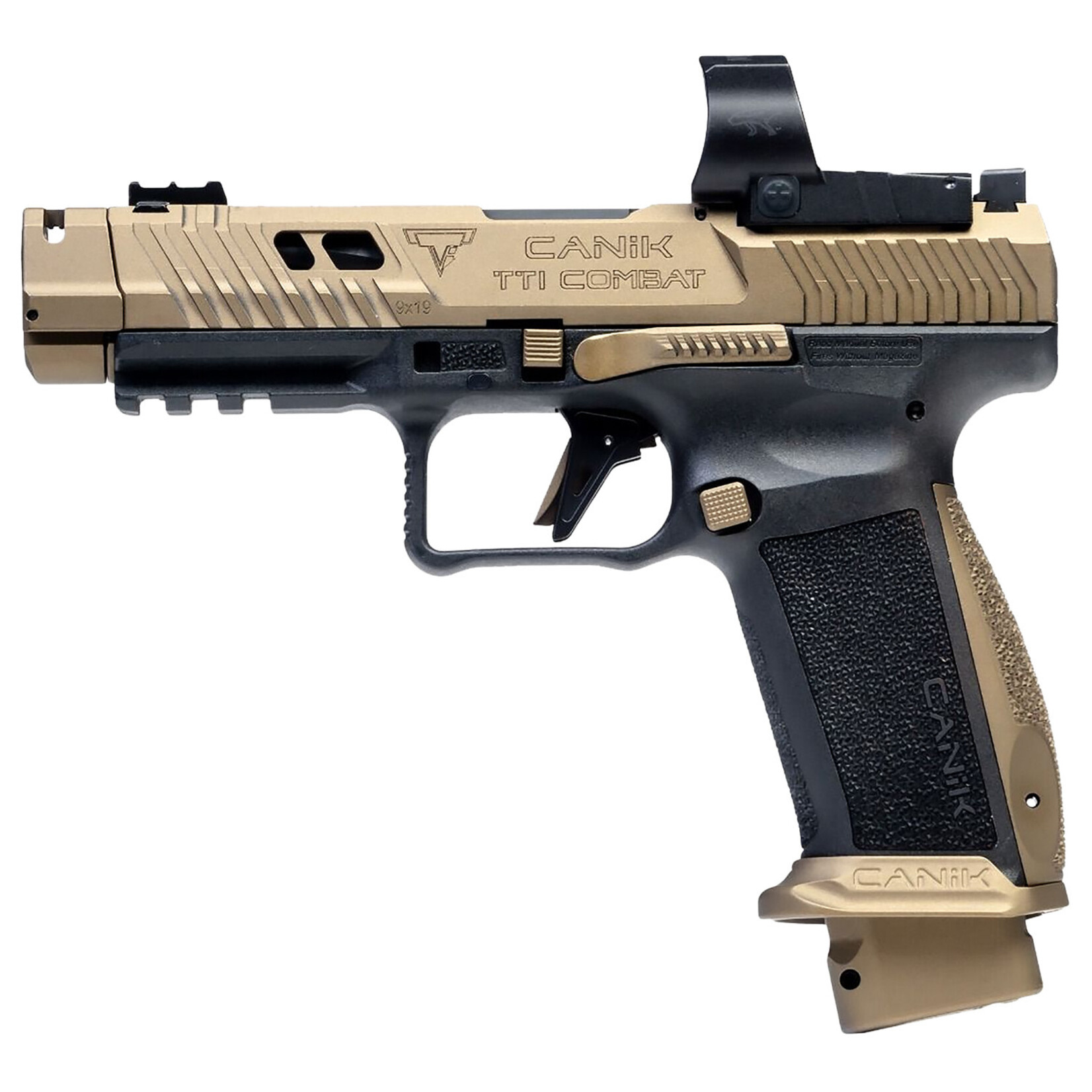 Canik Canik TTI Combat w/Optic Full Size Frame 9mm Luger 18+1 4.60" Fluted/Ported Barrel, Burnt Bronze Cerakote Optic Cut/Serrated Slide, Black Polymer Frame w/Picatinny Rail, MaCanik M03 Competition Red Dot