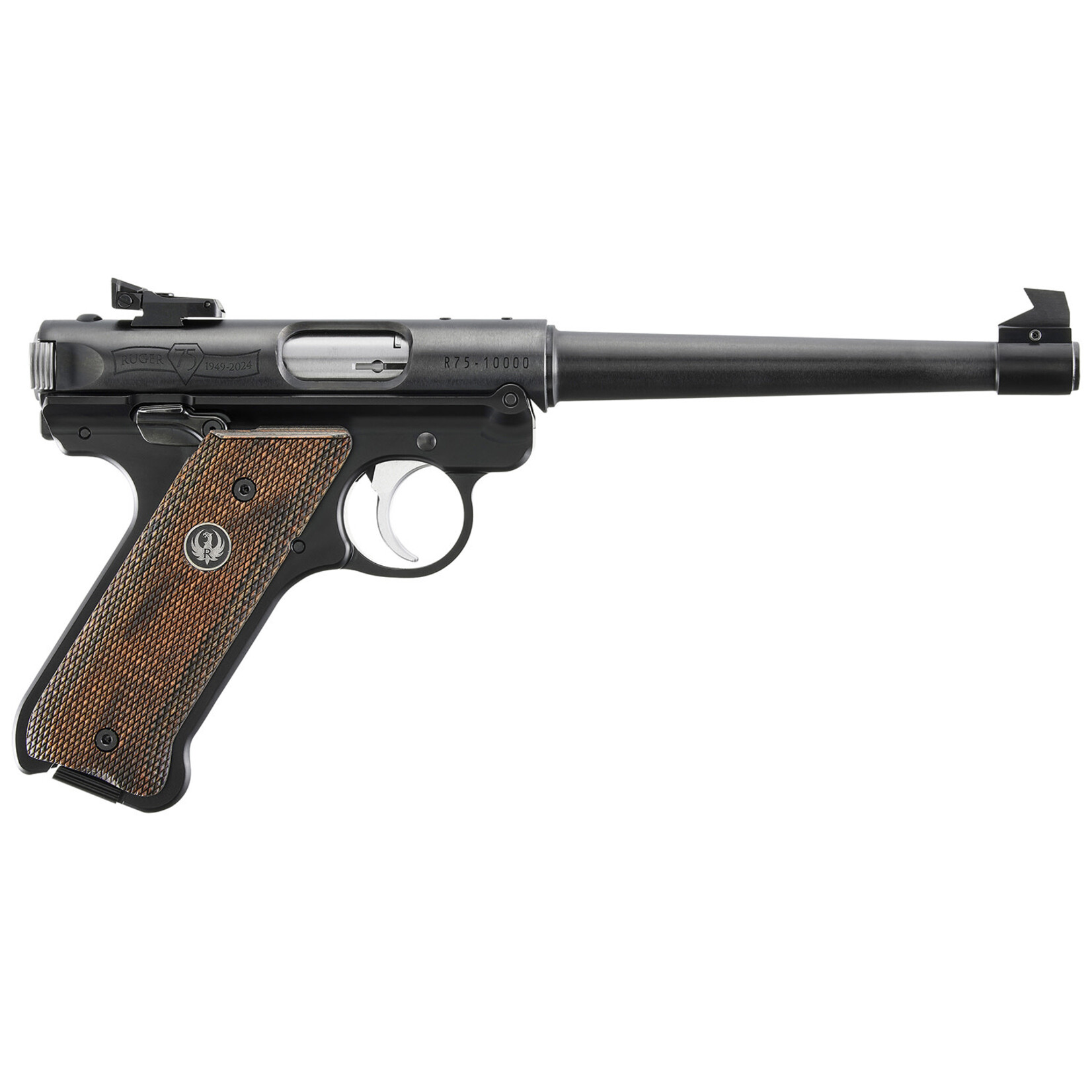 Ruger Ruger Mark IV 75th Anniversary Target 22 LR 10+1 6.88" Stainless Tapered Target Barrel, Blued Aluminum Frame, Drilled & Tapped, Checkered Wood Laminate Grip, Ambidextrous