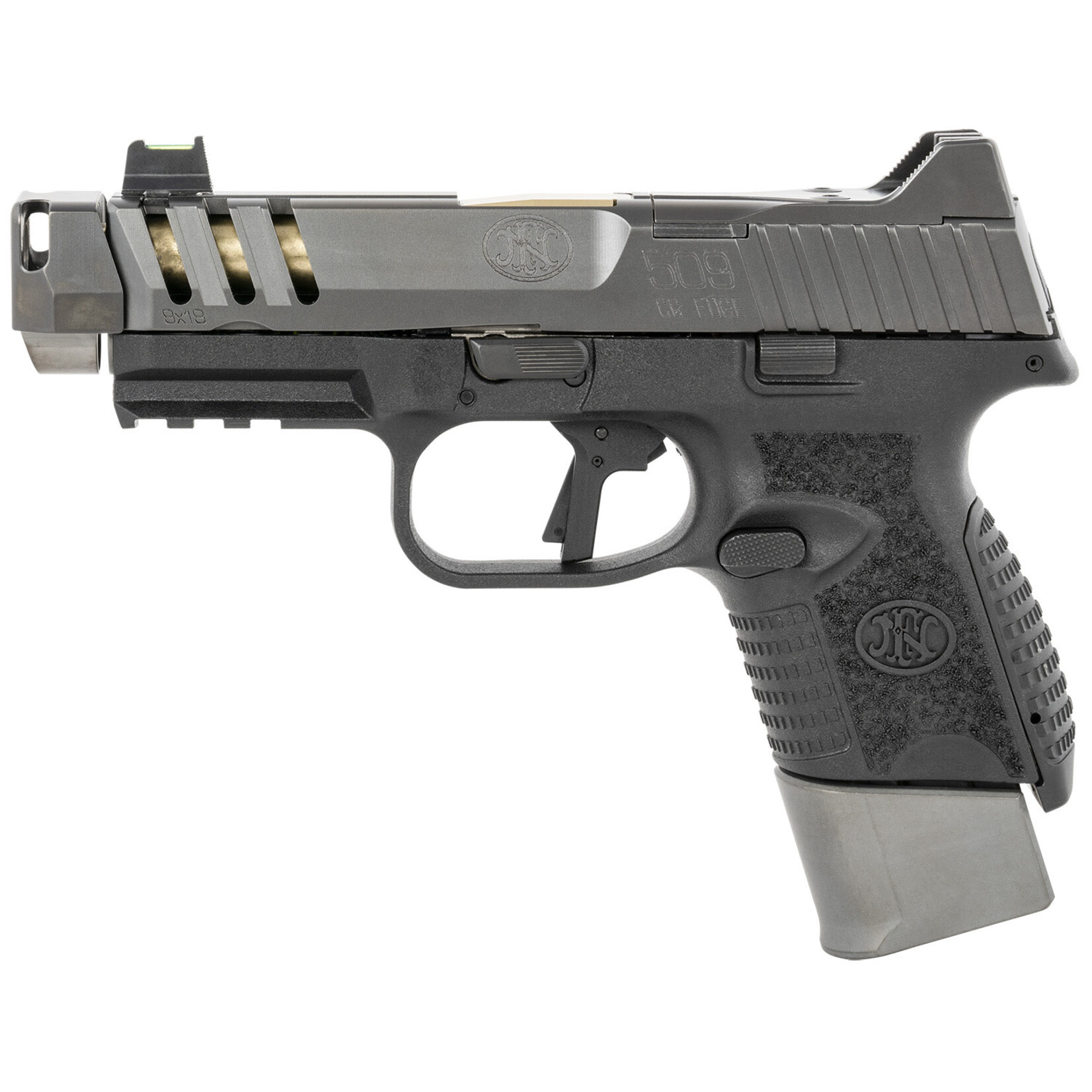 FN America FN 509 CC Edge Compact Frame 9mm Luger 15+1/12+1 4.20" Gold Cerakote Target Crown Steel Barrel, Graphite PVD Lightening Cut/Optic Cut/Serrated Slide, Matte Black Polymer Frame w/Picatinny Rail Auto-Indexing Compensator Muzzle, Ambidextrous
