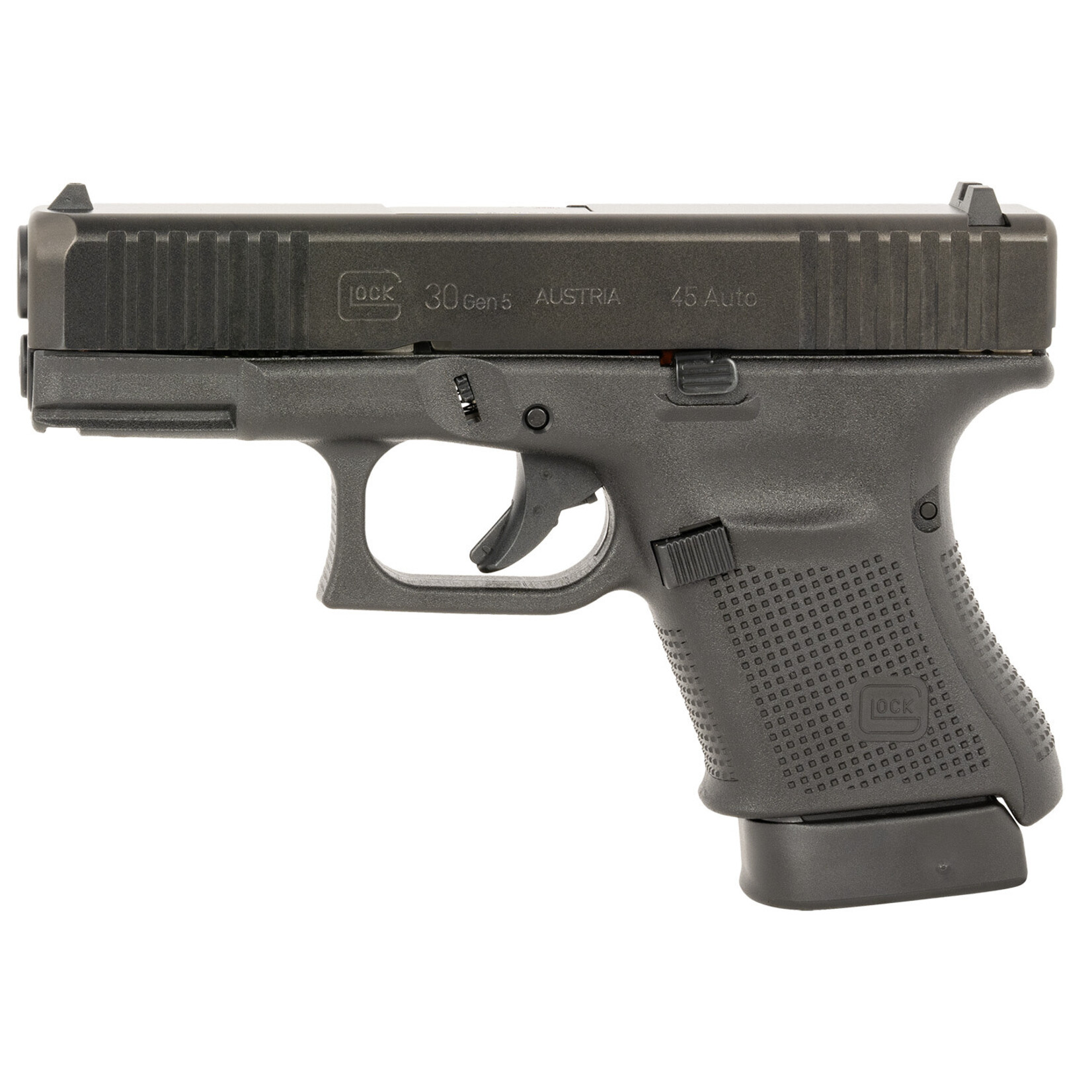 GLOCK Glock G30 Gen5 Sub-Compact Frame 45 ACP 10+1, 3.78" Black GMB Barrel, Matte Black Serrated Steel Slide, Black Polymer Frame w/Picatinny Rail, Black Textured w/Interchangeable Backstrap Grip, Firing Pin/Trigger Safety, Ambidextrous