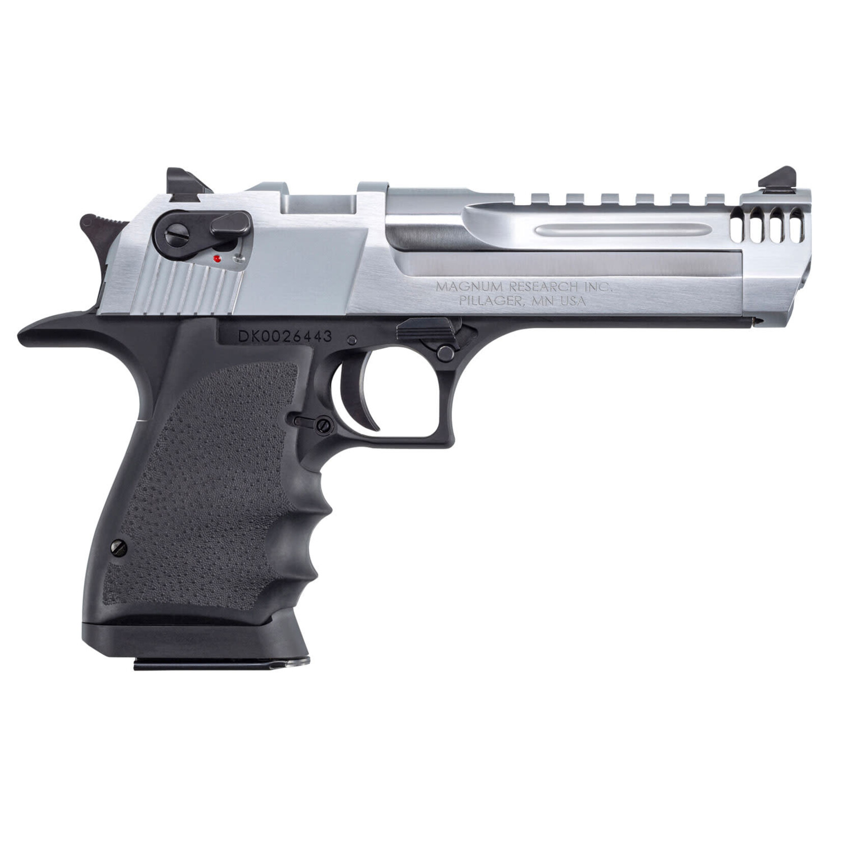 Magnum Research Magnum Research Desert Eagle L5 50 AE 7+1, 5" Stainless Steel w/Integral Muzzle Brake & Picatinny Rail, Barrel Brushed Chrome Serrated Carbon Steel Slide, Black Anodized Aluminum Frame w/Beavertail, Black Hogue Finger Grooved Grip, Ambidextrous S