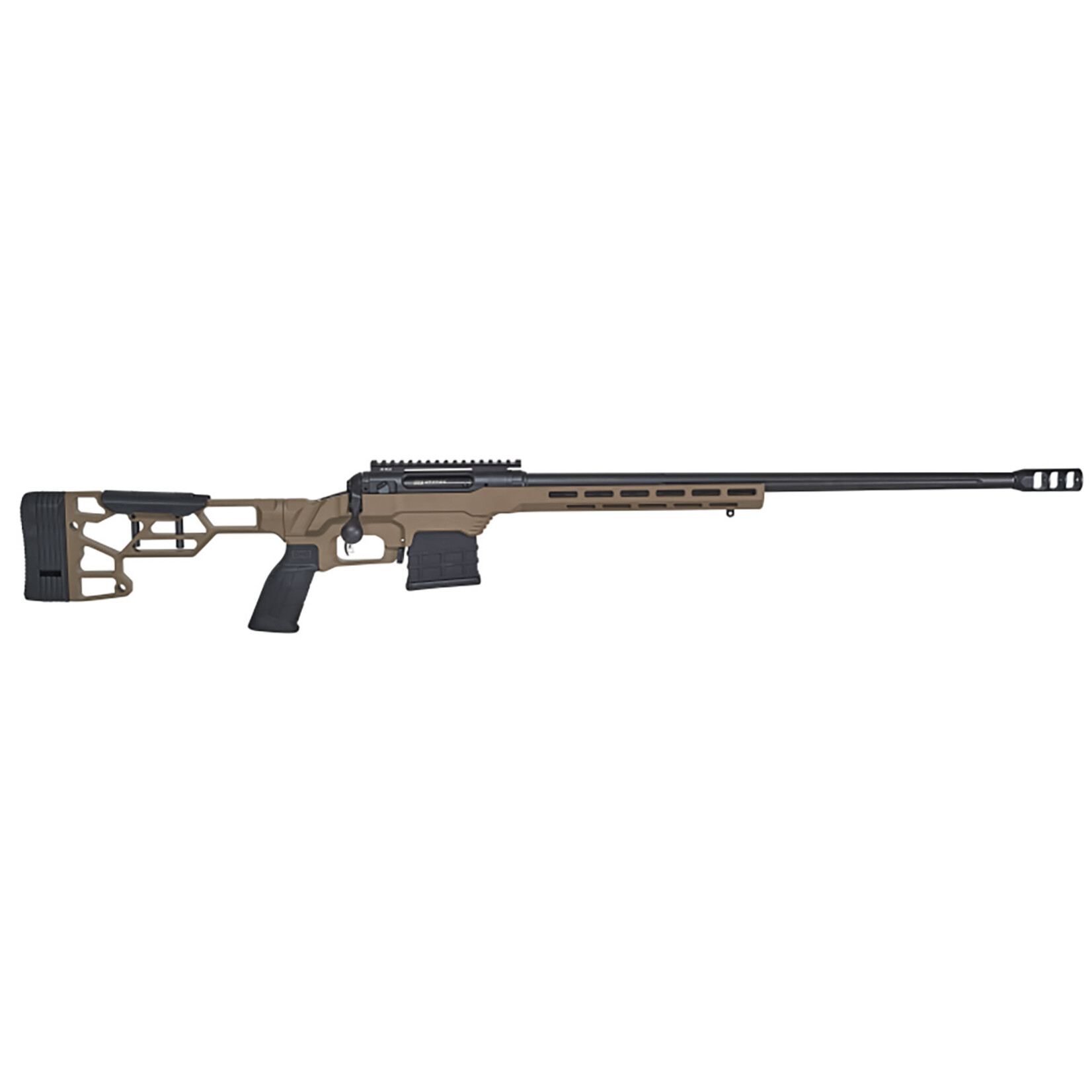 Savage Savage Arms 110 Precision 338 Lapua Mag 5+1 24", Matte Black Rec/Barrel, Flat Dark Earth Cerakote MDT LSS XL Chassis, Polymer Grip *Self timing taper aligned muzzlebrake (Short Action Calibers Only)