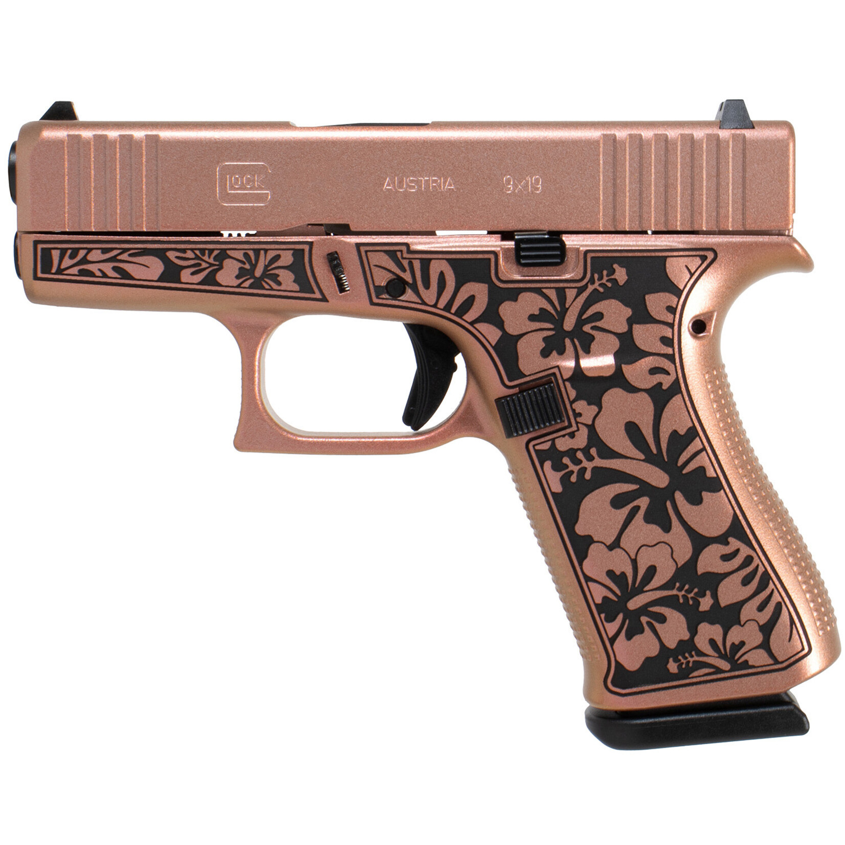 GLOCK Glock G43 Gen3 Sub-Compact Frame 9mm Luger 6+1 3.41" Black Steel Barrel, Chimera Cerakote Serrated Steel Slide, Chimera w/Hibiscus Cerakote Polymer Frame, Right Hand