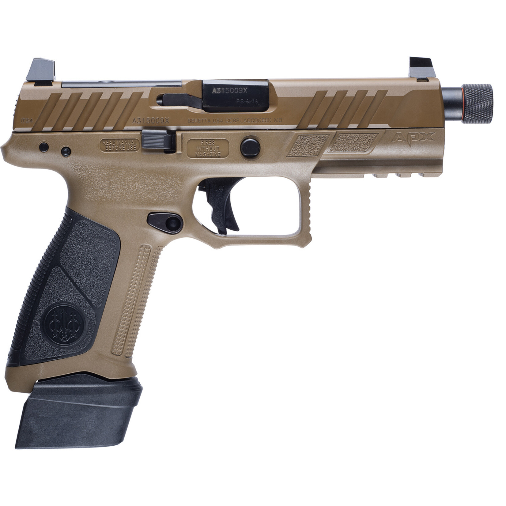 Beretta Beretta USA APX A1 Tactical Full Size Frame 9mm Luger 21+1 4.80" Black Threaded Tip-Up Barrel, Black Bruniton Optic Ready/Serrated Steel Slide, Flat Dark Earth Polymer Frame w/Picatinny Rail, Ambidextrous