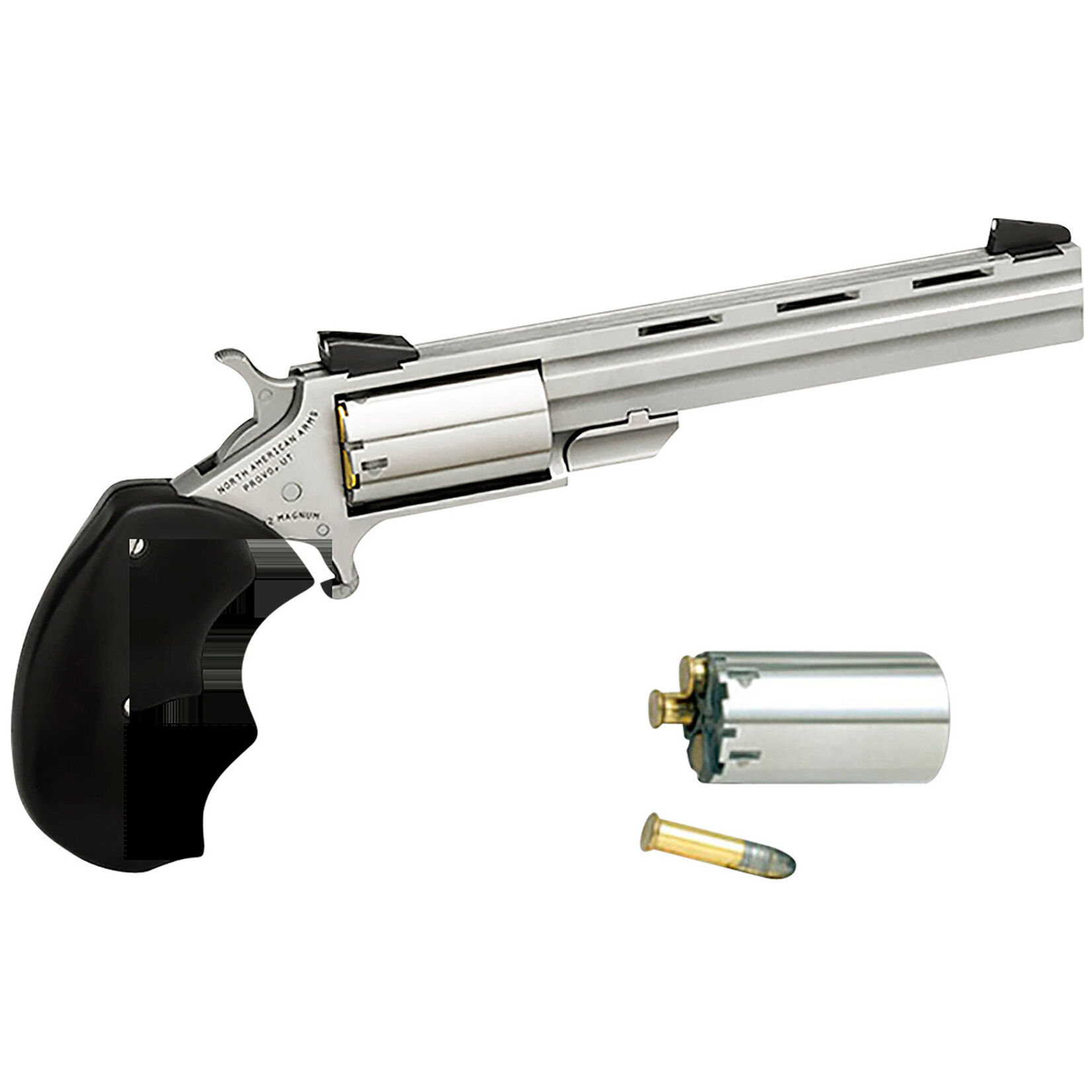 North American Arms North American Arms Mini-Master *CA Compliant 22 LR or 22 WMR 5rd 4" Vent Rib Barrel, Overall Stainless Steel Finish & Finger Grooved Black Rubber Grip Includes Cylinder