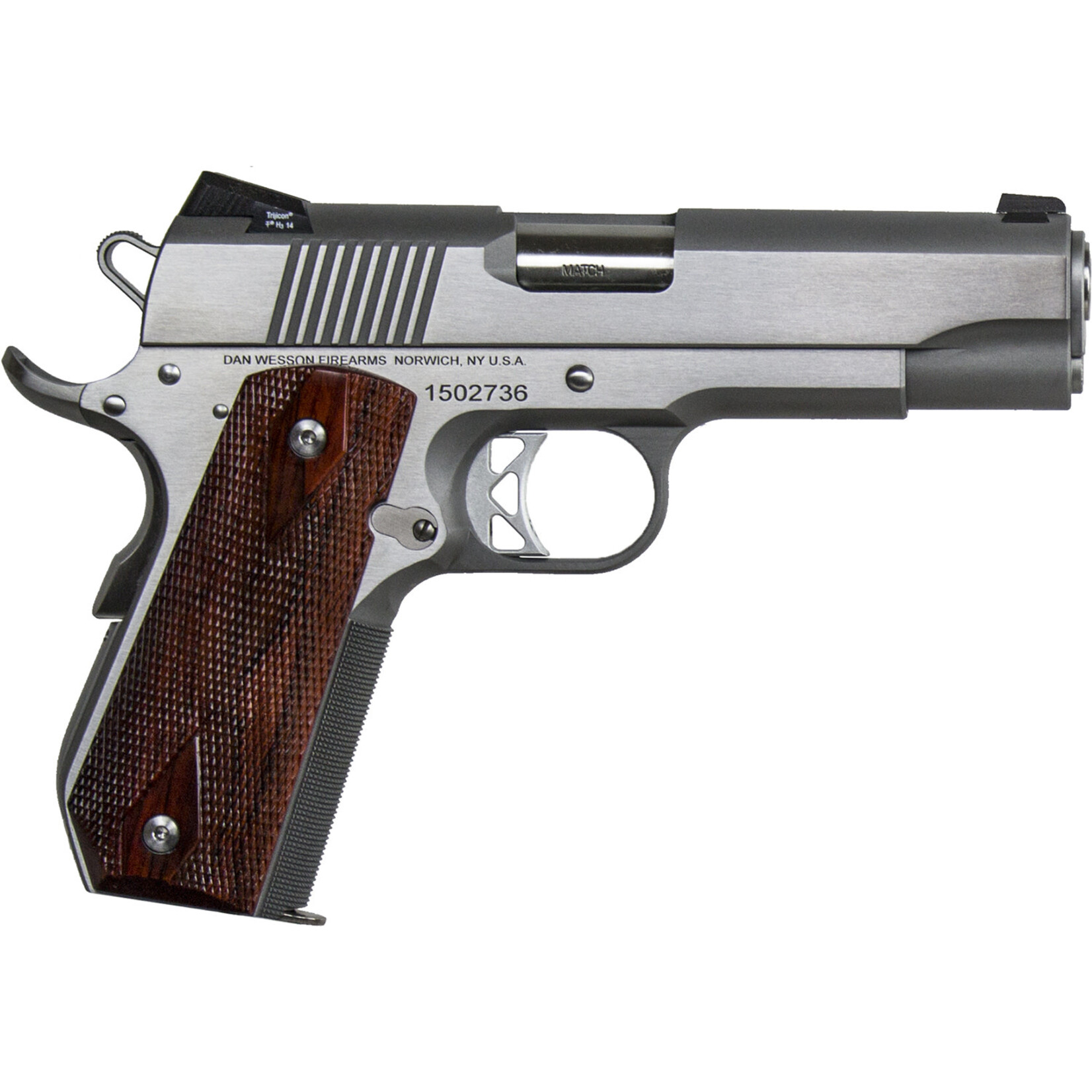 Dan Wesson Commander Classic *CA Compliant 45 ACP 8+1 4.25" Stainless Match Grade Barrel, Brushed Stainless Steel Serrated Slide & Bobtail Frame, Wood Grip, Ambidextrous