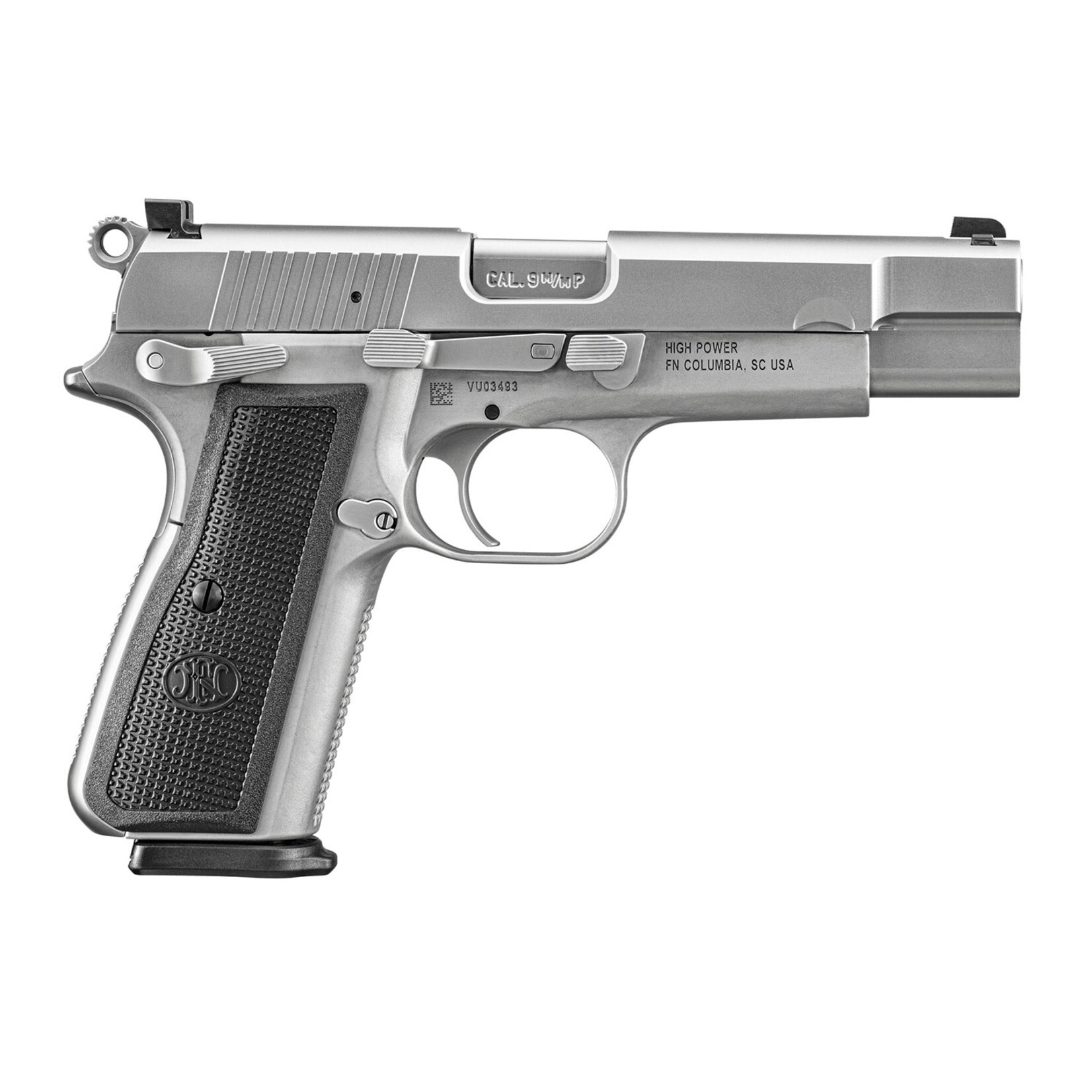 FN America FN High Power 9mm Luger 17+1, 4.70" Black Target Crown Steel Barrel, Stainless PVD Serrated Steel Slide, Matte Stainless Steel Frame w/Beavertail, Black Textured Polymer Grip, Ambidextrous