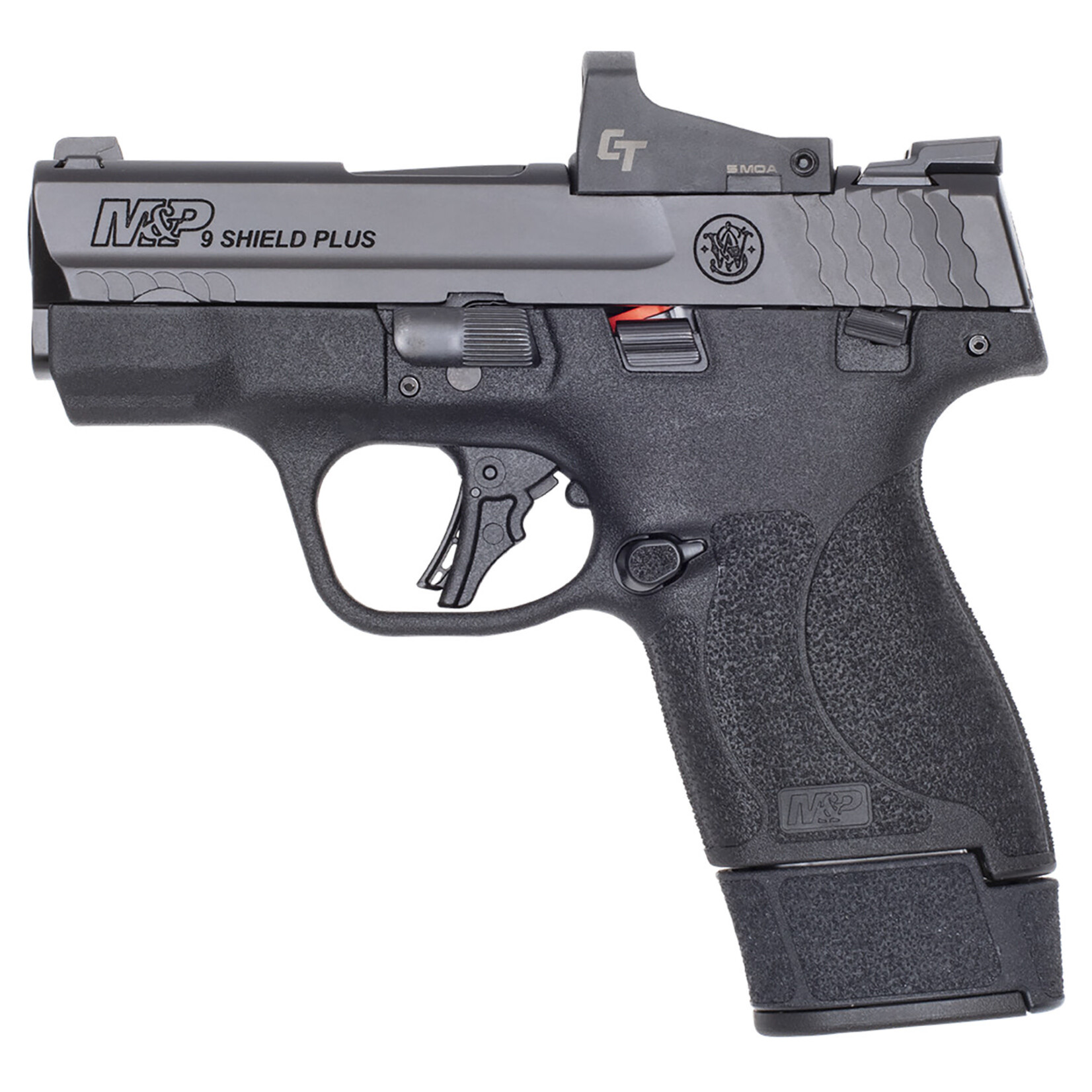 Smith & Wesson Smith & Wesson M&P Shield Plus Bundle Micro-Compact Frame 9mm Luger 10+1 15+1 3.10" Black Armornite Stainless Steel Barrel, Black Armornite Optic Ready/Serrated Slide, Matte Black Polymer Frame, Black Textured Grip, Crimson Trace 1500 Red Dot