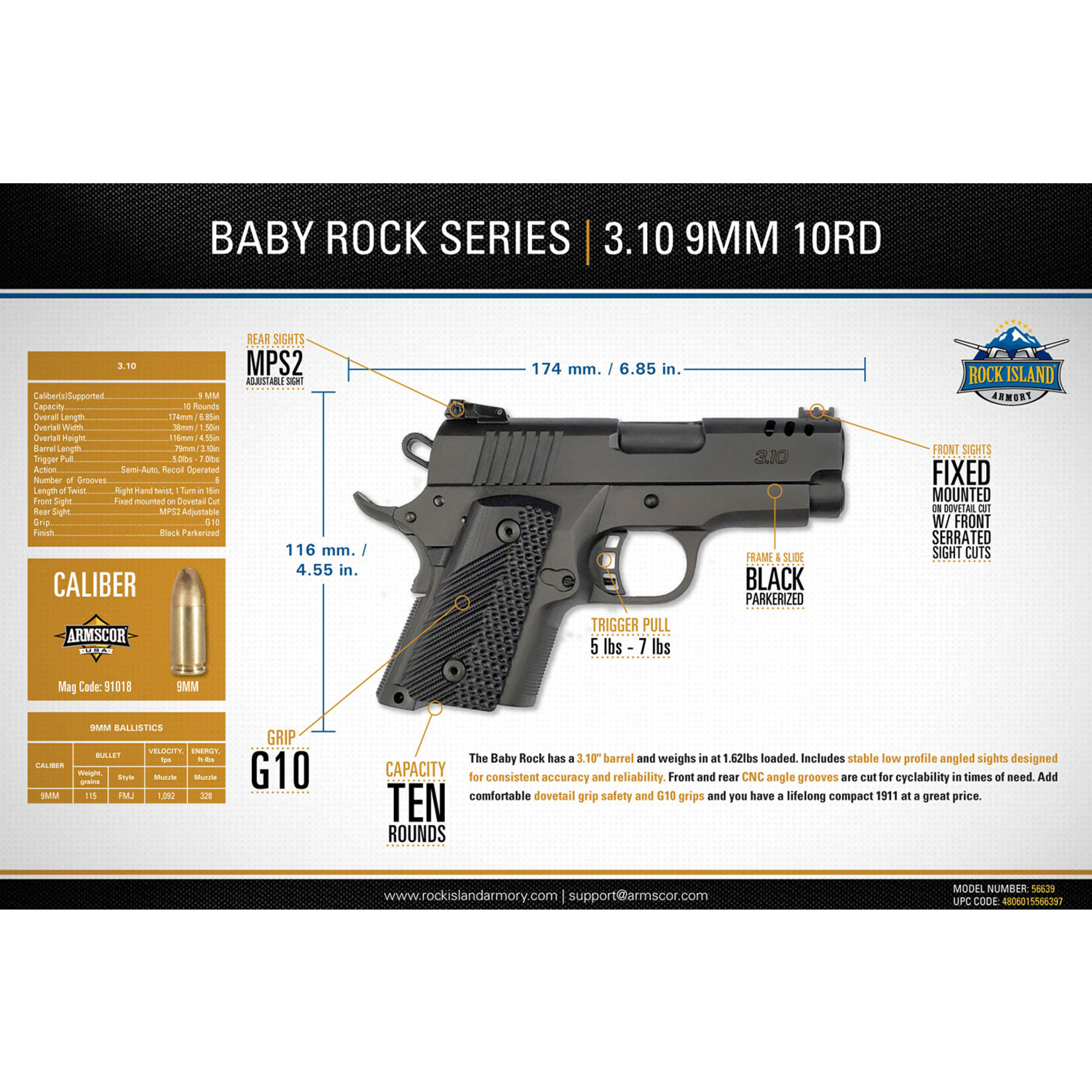 Rock Island Armory Rock Island BBR Compact 9mm Luger 10+1., 3.10" Black Steel Barrel, Black Parkerized Serrated Steel Slide, Black Parkerized Steel Frame w/Beavertail, Black G10 Grip