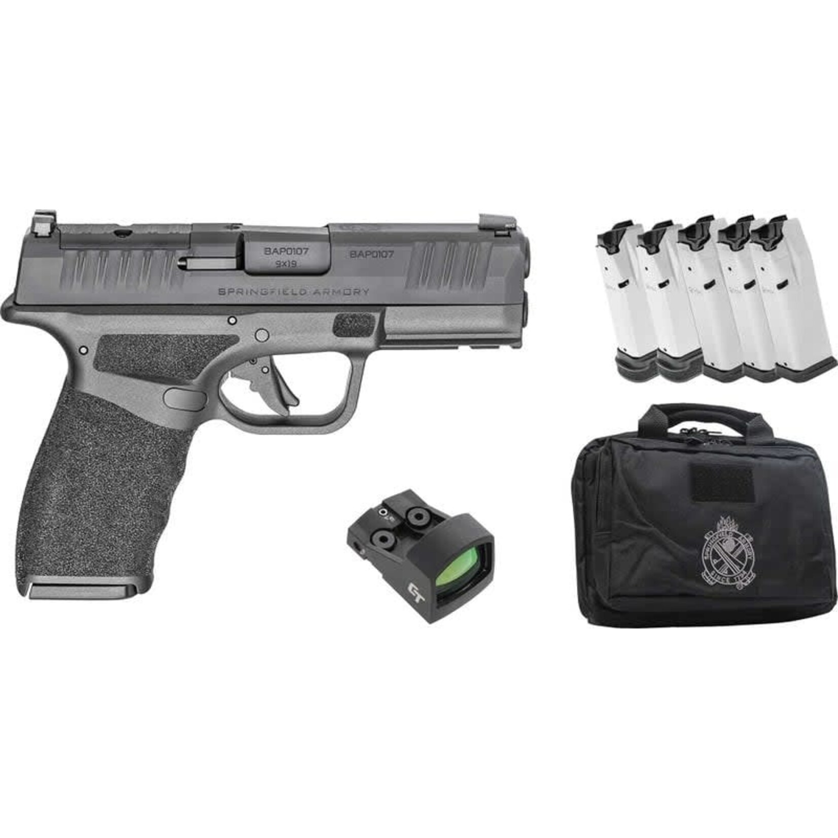 Springfield Armory Springfield Armory Hellcat Pro OSP Gear Up 25 Package 9mm Luger 17+1 3.70" Black Melonite Steel Barrel & Optic Ready/Serrated Steel Slide, Black Polymer Frame w/Picatinny Rail, Crimson Trace CTS-1500 Red Dot, 5 Mags & Bag