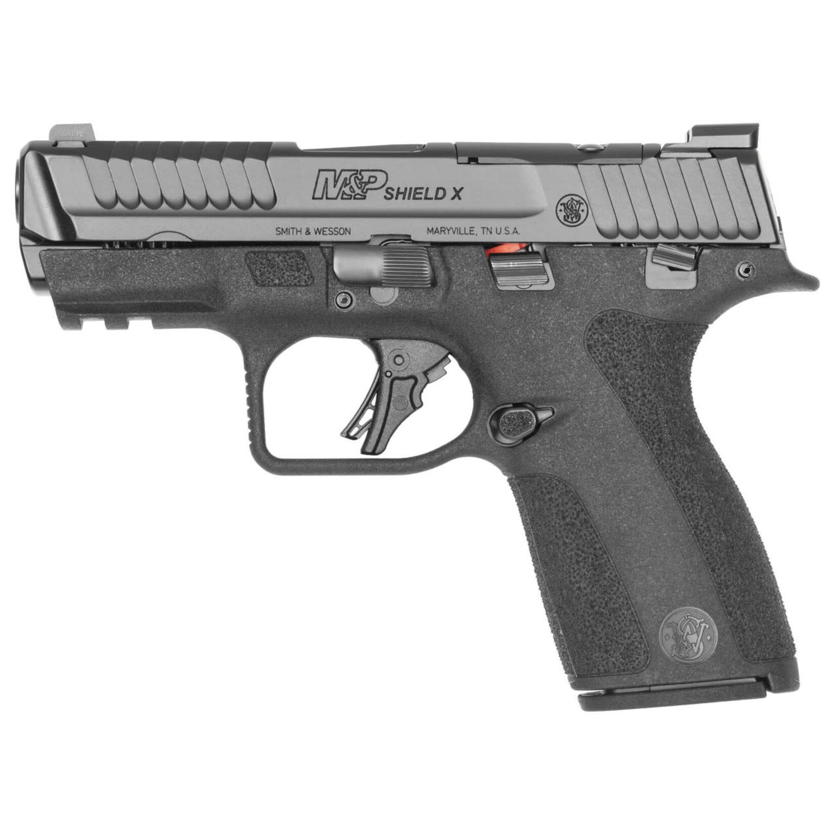 Smith & Wesson Smith & Wesson M&P Shield X Sub-Compact Frame 9mm Luger 15+1 3.60" Black Armornite Target Crown Barrel, Black Armornite Stainless Steel Optic Cut/Serrated Slide, Black Polymer Frame w/Picatinny Rail, Textured Grip, Manual Thumb Safety
