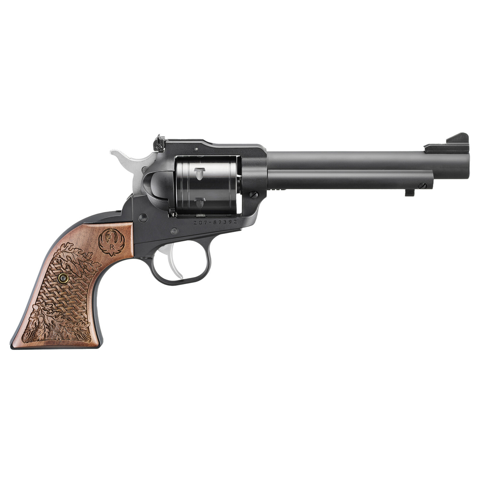 Ruger Ruger Super Wrangler Collector's Series 22 LR/22 WMR 6 Shot 5.50" Black Cerakote Barrel, Black Cerakote Steel Frame, Black Cerakote Cylinder, Engraved American Walnut Grip, Transfer Bar Safety, Exposed Hammer