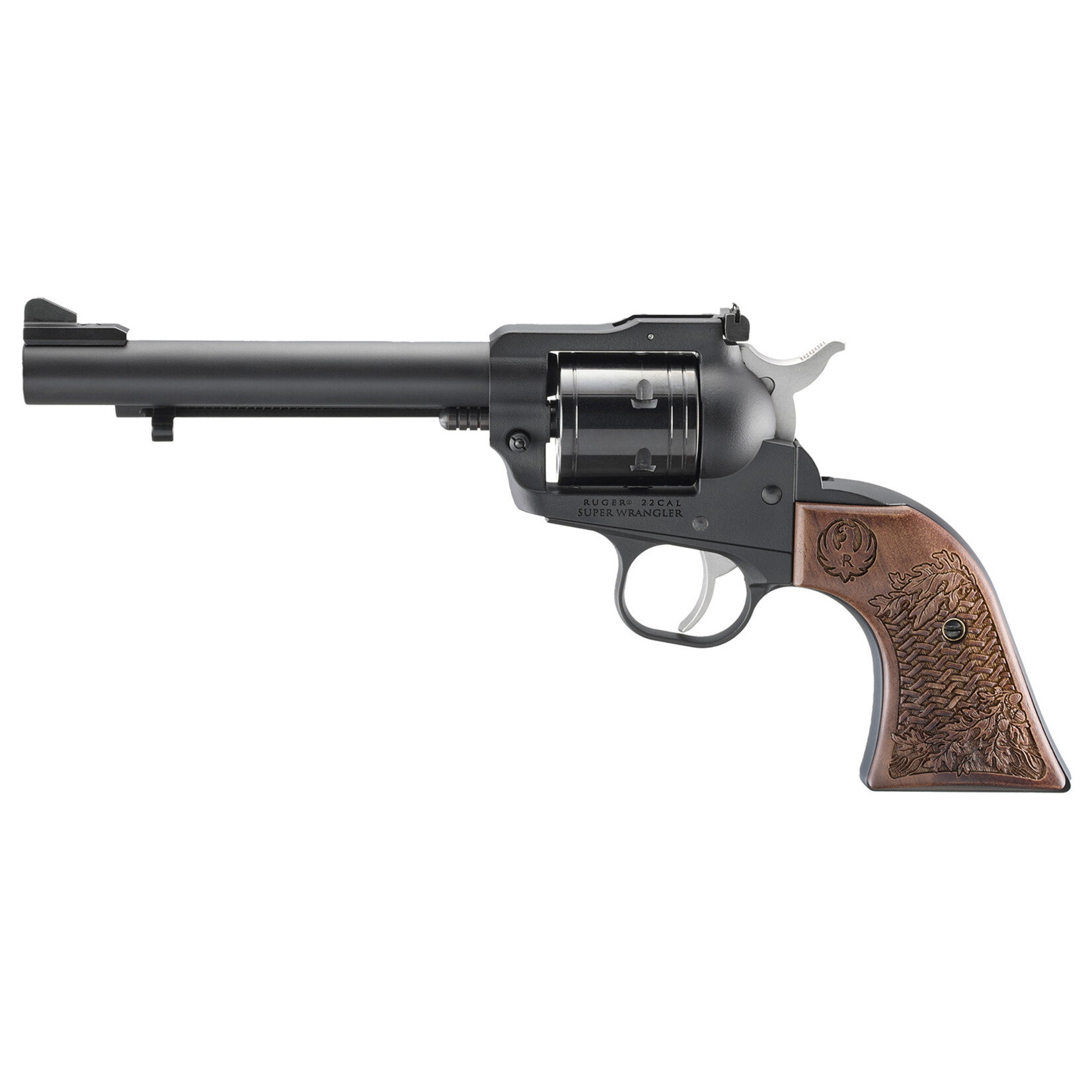 Ruger Ruger Super Wrangler Collector's Series 22 LR/22 WMR 6 Shot 5.50" Black Cerakote Barrel, Black Cerakote Steel Frame, Black Cerakote Cylinder, Engraved American Walnut Grip, Transfer Bar Safety, Exposed Hammer