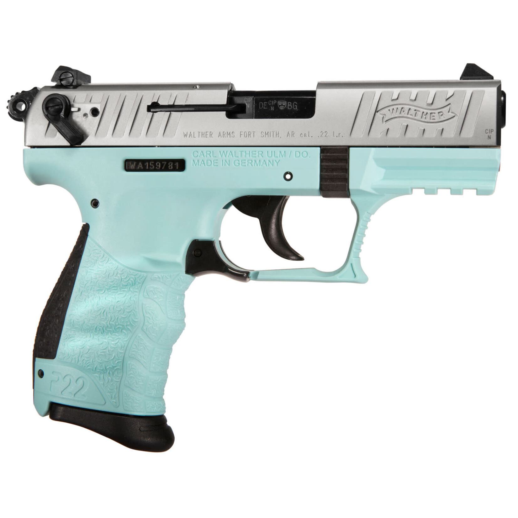 Walther Walther Arms P22Q 22 LR 10+1 3.42" Black Steel Threaded Barrel, Stainless Steel Serrated Slide, Angel Blue Polymer Frame w/Picatinny Rail, Black w/Interchangeable Backstrap Grip, Ambidextrous Manual Thumb Safety, Ambidextrous