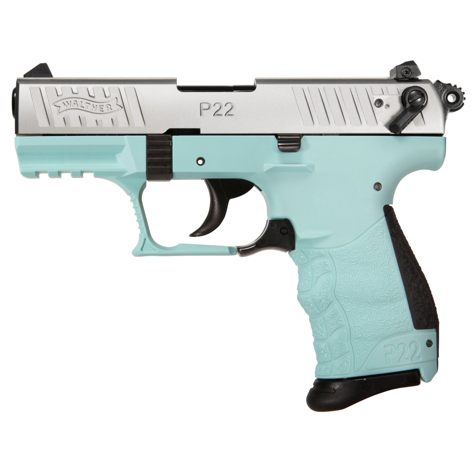 Walther Walther Arms P22Q 22 LR 10+1 3.42" Black Steel Threaded Barrel, Stainless Steel Serrated Slide, Angel Blue Polymer Frame w/Picatinny Rail, Black w/Interchangeable Backstrap Grip, Ambidextrous Manual Thumb Safety, Ambidextrous