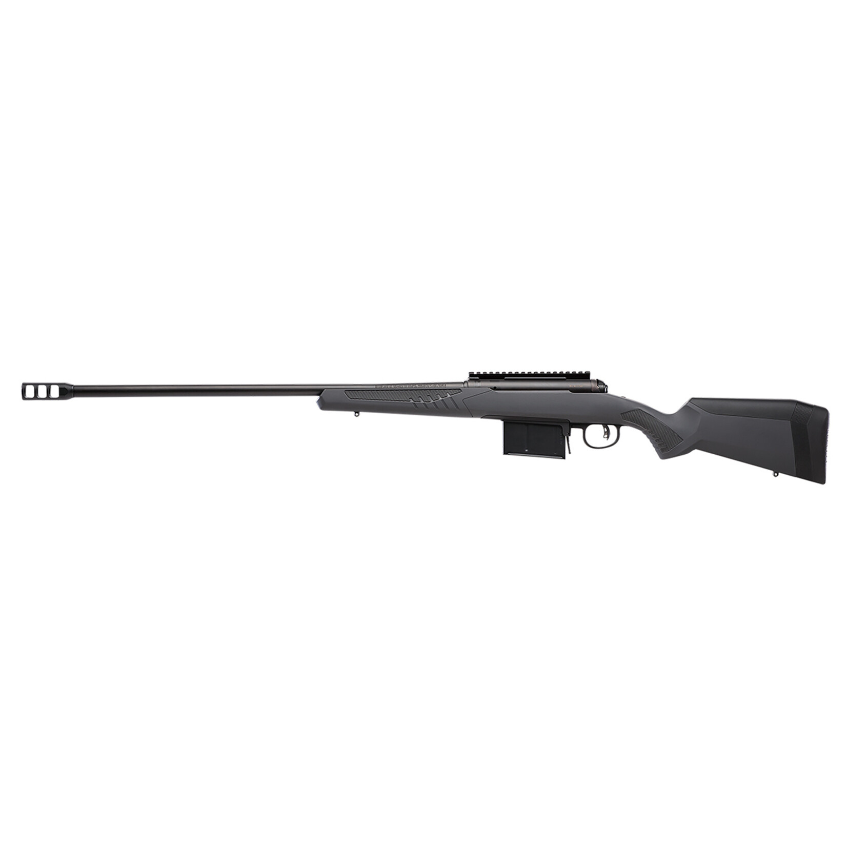 Savage Savage Arms 110 Long Range Hunter Full Size 338 Lapua Mag 5+1 26" Matte Black Threaded Barrel, Matte Black Drilled & Tapped Carbon Steel Receiver, Adj AccuStock Matte Gray Synthetic Stock, Right Hand