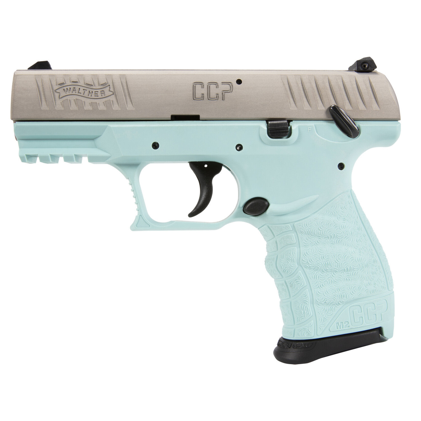 Walther Walther Arms CCP M2 + Carry Frame 9mm Luger 8+1, 3.54" Stainless Steel Barrel, Stainless Serrated Steel Slide, Angel Blue Polymer Frame w/Picatinny Rail, Angel Blue Finger Grooved Grip, Manual Thumb Safety