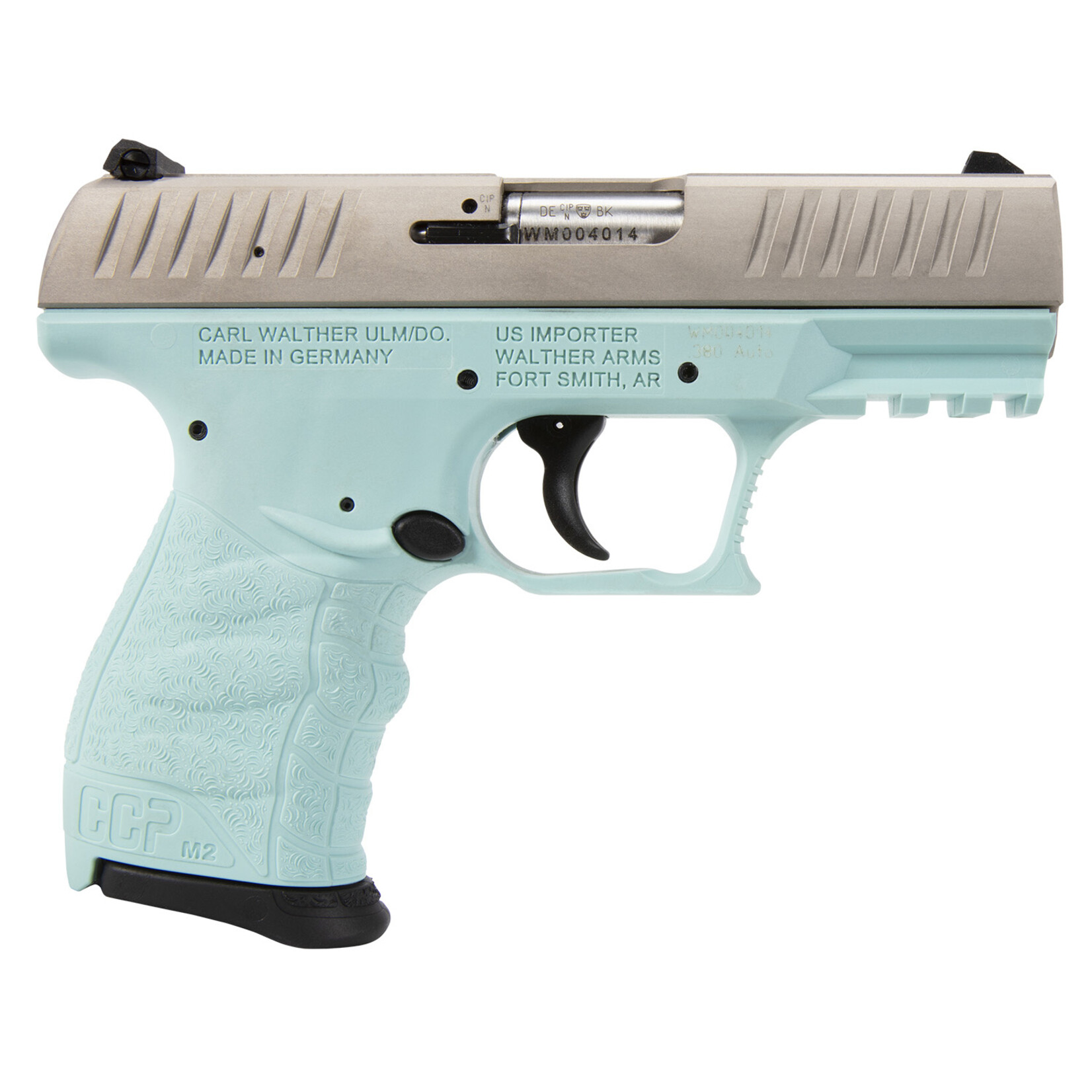 Walther Walther Arms CCP M2 + Carry Frame 9mm Luger 8+1, 3.54" Stainless Steel Barrel, Stainless Serrated Steel Slide, Angel Blue Polymer Frame w/Picatinny Rail, Angel Blue Finger Grooved Grip, Manual Thumb Safety