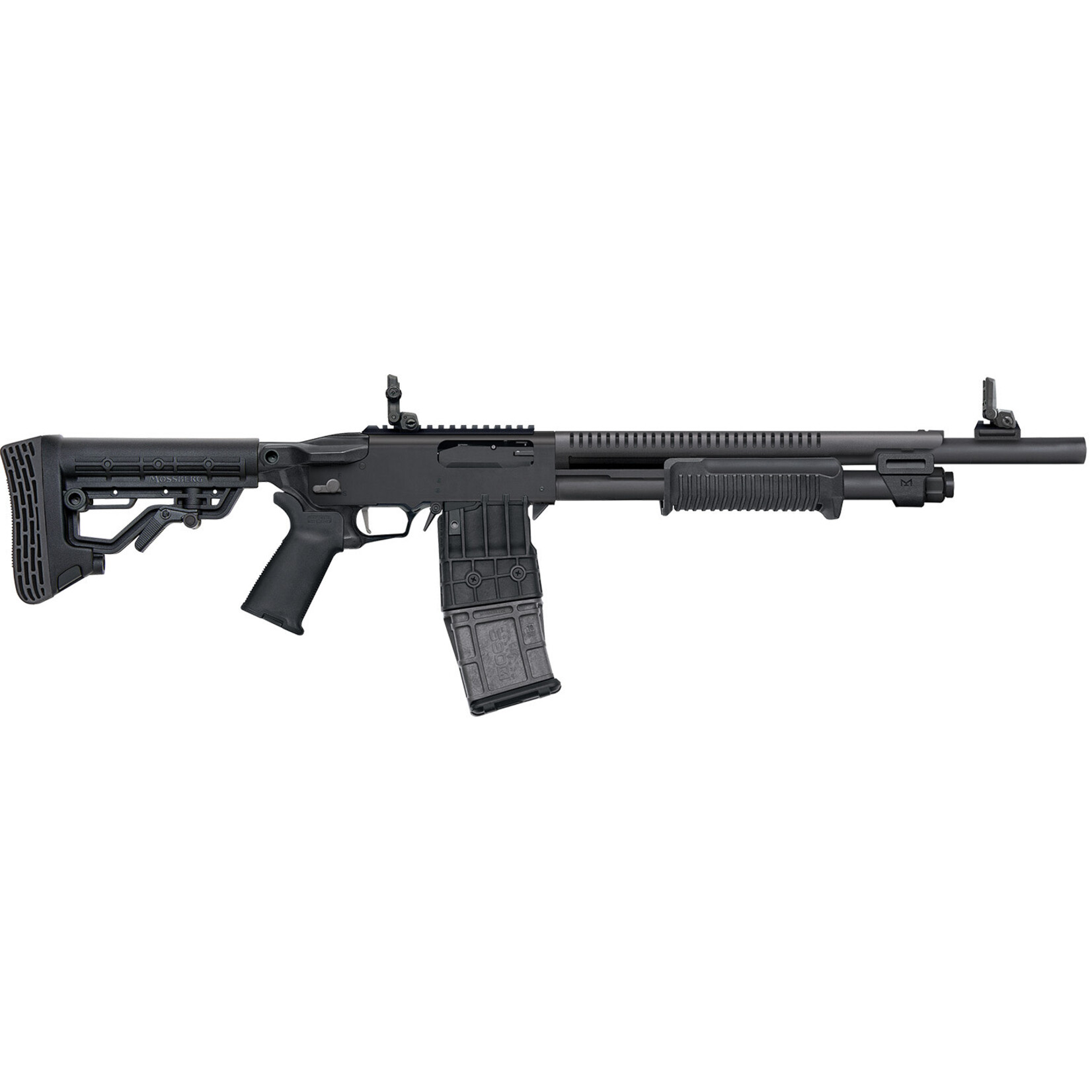 Mossberg Mossberg 590RM Stand-Off 12 Gauge Pump 2.75" 10+1 18.50" Black Phosphate Steel w/Integrated Heat Shield Barrel, Black Picatinny Rail Receiver, Black 5 Position Adjustable LOP Synthetic Stock, Magpul MOE Grip, Magpul MBUS 3 Adj Sights