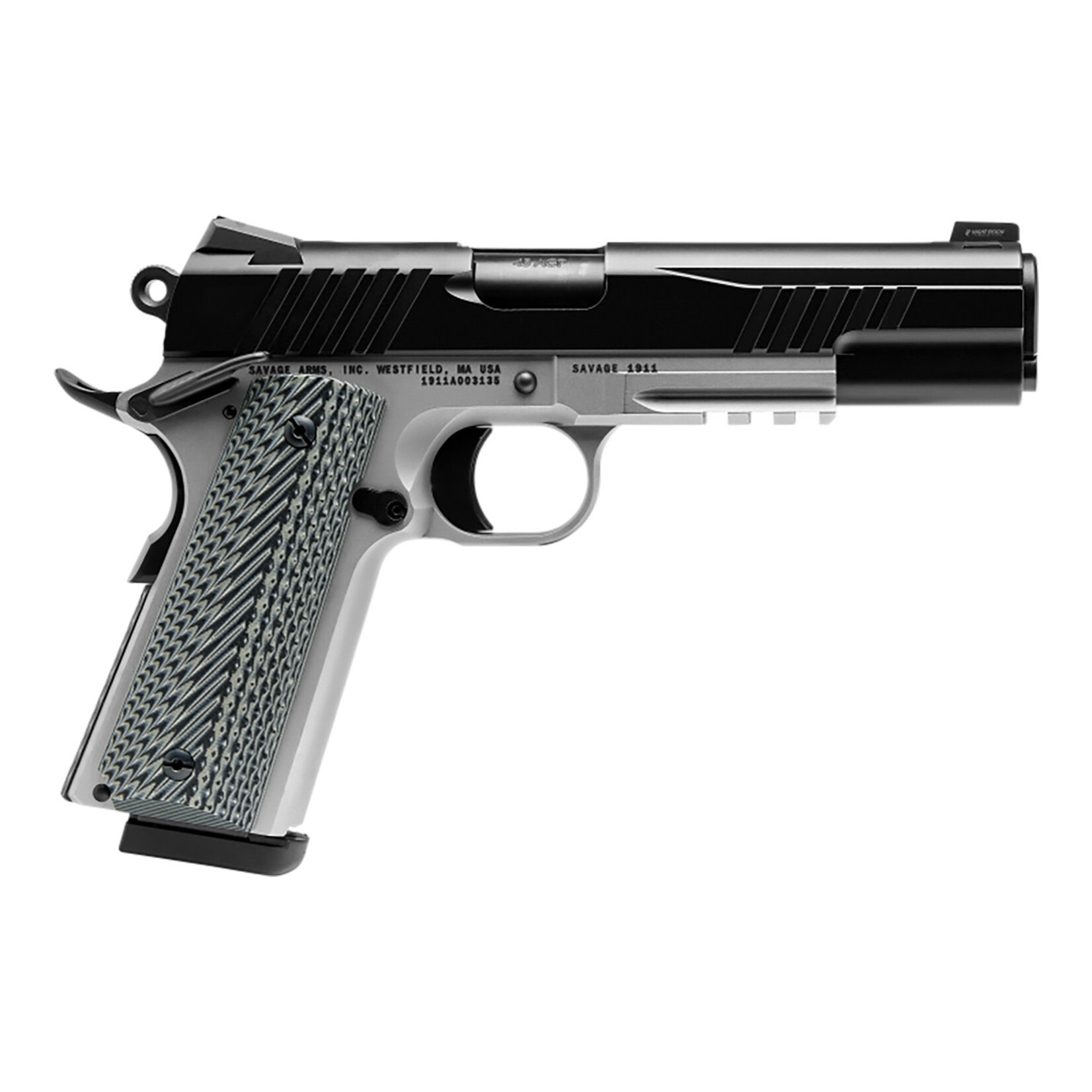 Savage Savage Arms 1911 Government 45 ACP 8+1 5" Black Nitride Target Crown Steel Barrel, Black Nitride Serrated Stainless Steel Slide, Matte Stainless Stainless Steel Frame w/Beavertail & Picatinny Rail, Black/Dark Gray VZ G10 Grip, Ambidextrous