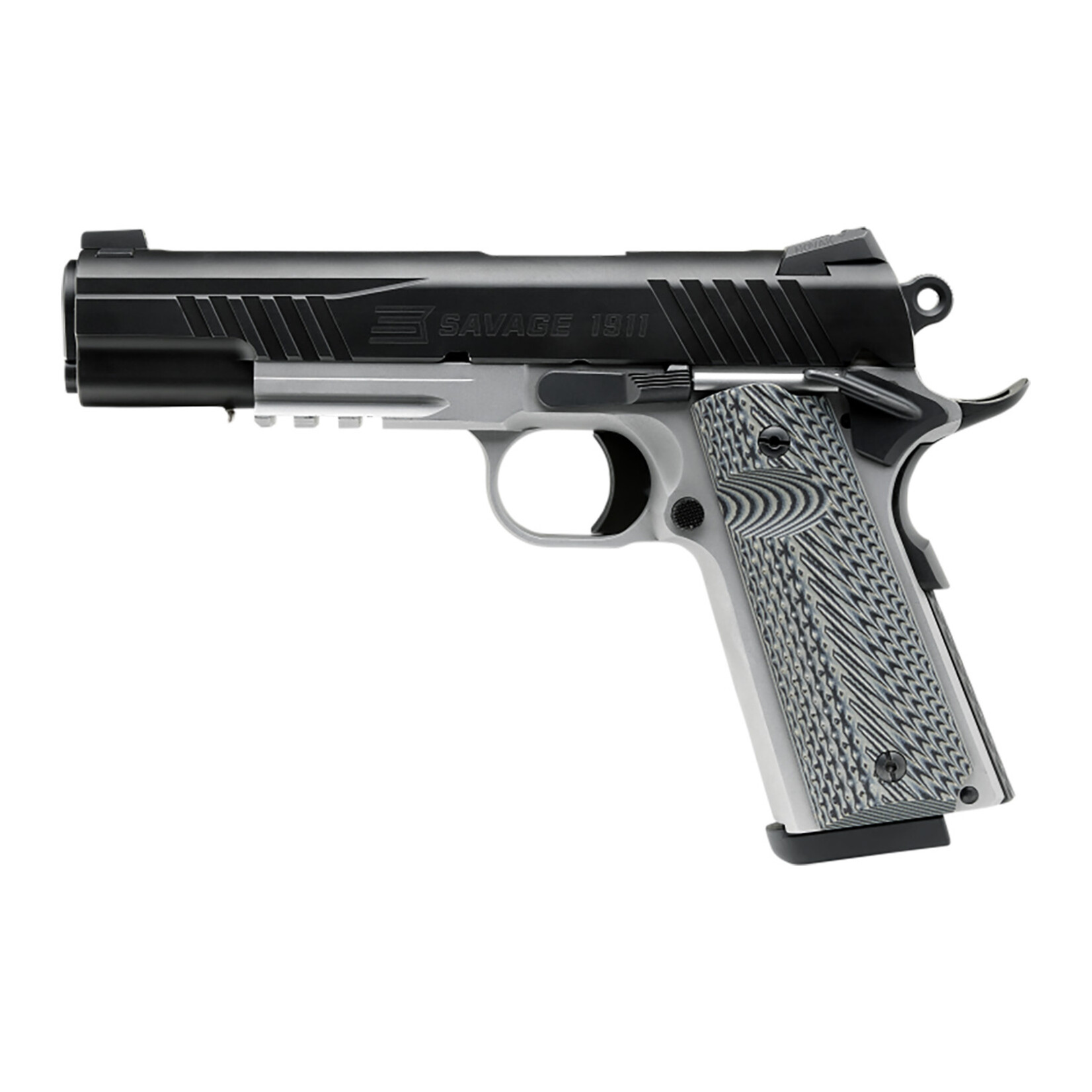 Savage Savage Arms 1911 Government 45 ACP 8+1 5" Black Nitride Target Crown Steel Barrel, Black Nitride Serrated Stainless Steel Slide, Matte Stainless Stainless Steel Frame w/Beavertail & Picatinny Rail, Black/Dark Gray VZ G10 Grip, Ambidextrous