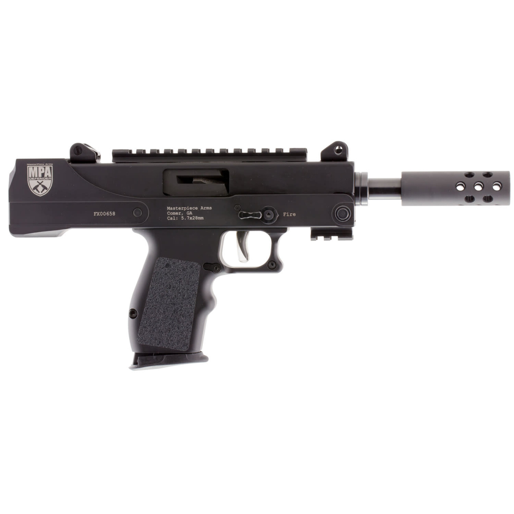 Master Piece Arms MasterPiece Arms  Defender 5.7x28mm 20+1 5" Threaded Barrel w/Muzzle Brake, Machined Aluminum Lower Receiver w/Picatinny Accessory Rail, Compatible w/FN 57 20rd & 30rd Magazines, Aluminum Grips