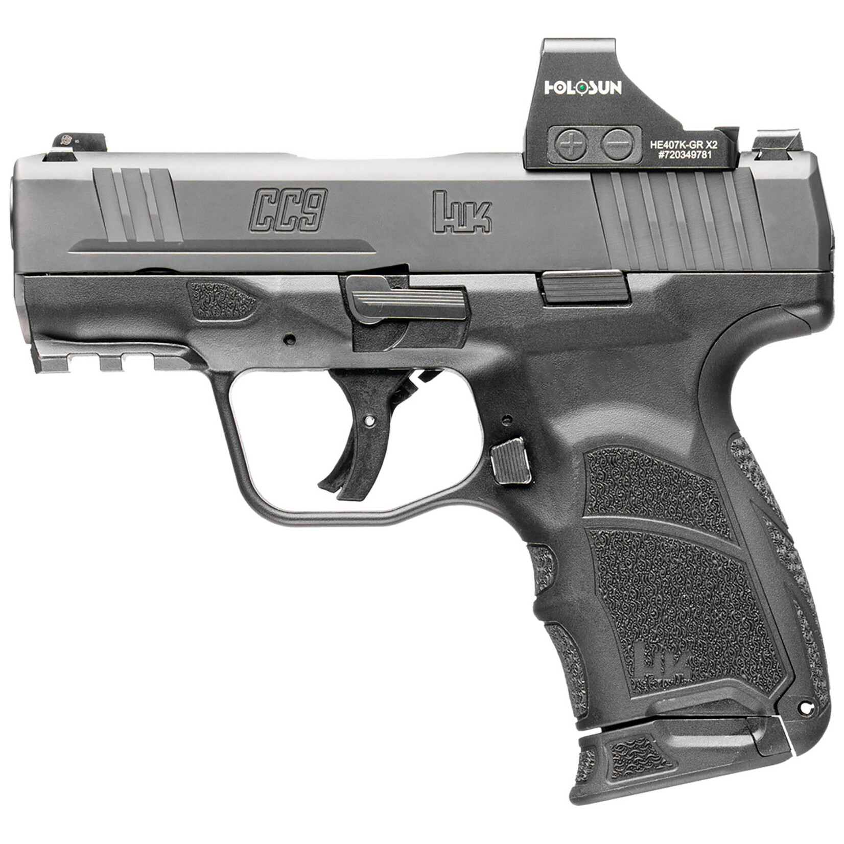 HK HK CC9 9mm Luger 10+1/12+1 3.32" Black Polygonal Rifled Barrel, Optic Ready RMSc/407k Footprint/Serrated Steel Slide, Polymer Frame w/Picatinny Rail, Black Interchangeable Backstrap Grip