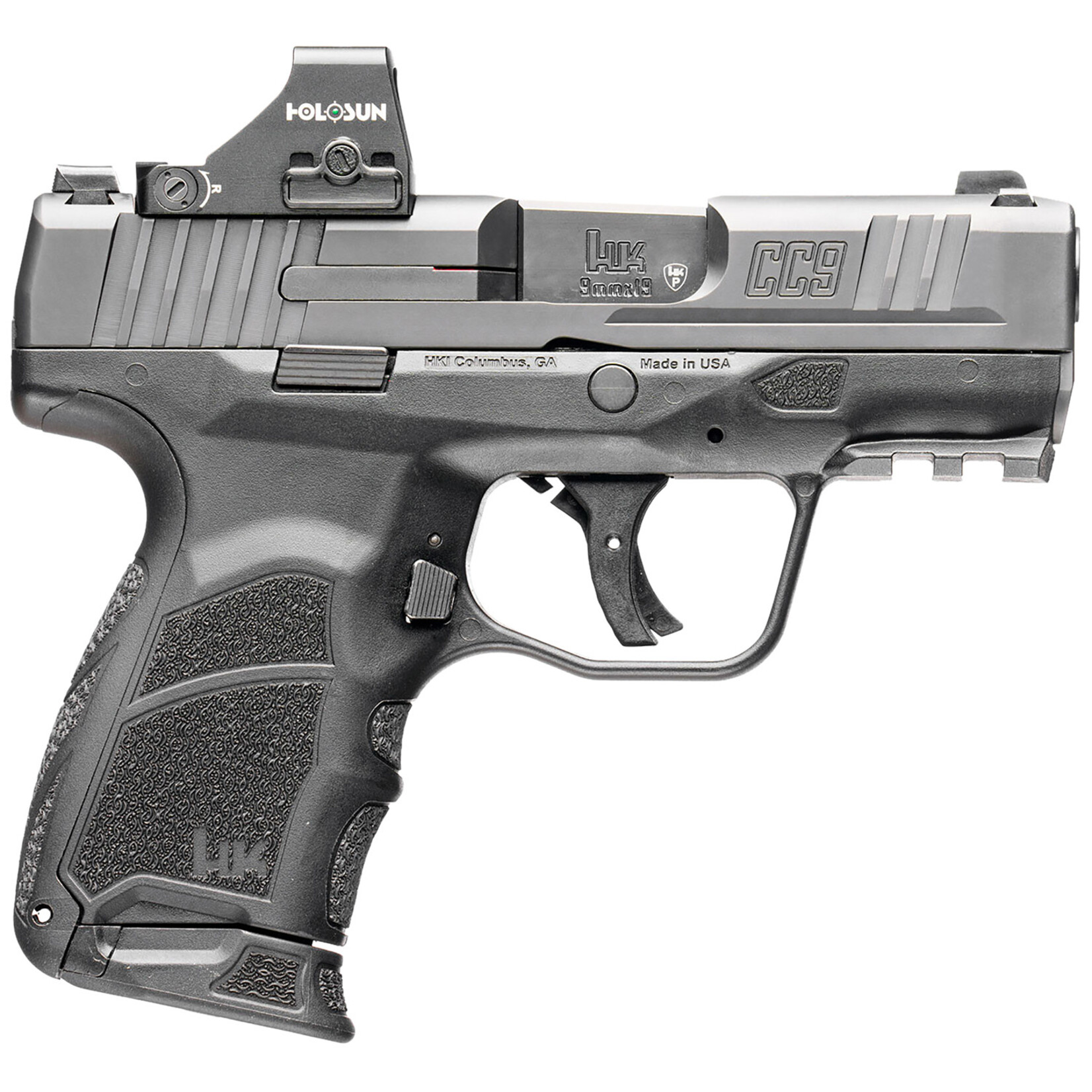 HK HK CC9 9mm Luger 10+1/12+1 3.32" Black Polygonal Rifled Barrel, Optic Ready RMSc/407k Footprint/Serrated Steel Slide, Polymer Frame w/Picatinny Rail, Black Interchangeable Backstrap Grip