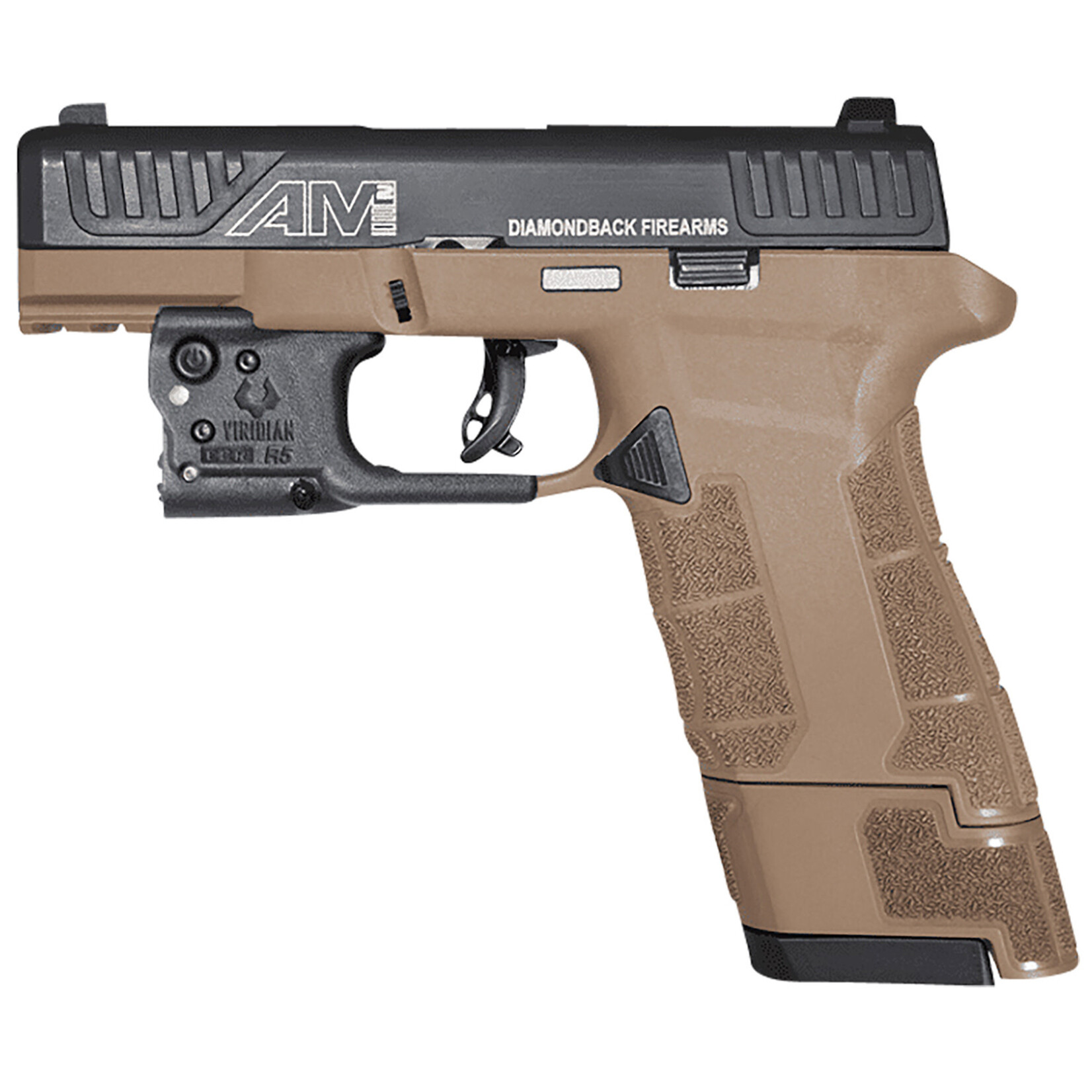 Diamondback Diamondback AM2 w/Laser Sub-Compact Frame 9mm Luger 17+1 3.50" Stainless Steel Barrel, Black Nitride Serrated Stainless Steel Slide, Flat Dark Earth Polymer Frame w/Picatinny Rail, FDE Polymer Grip, Viridian Laser, Right Hand