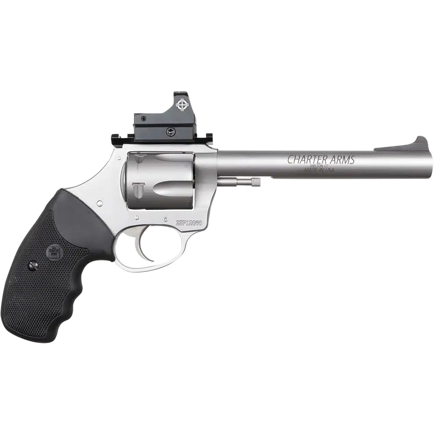 Charter Arms Charter Arms Mastiff Target Large Frame 9mm Luger 5rd, 6" Stainless Steel Barrel, Cylinder & Frame, Sightmark Micro Optic, Picatinny Rail, Black Rubber Grip, Exposed Hammer