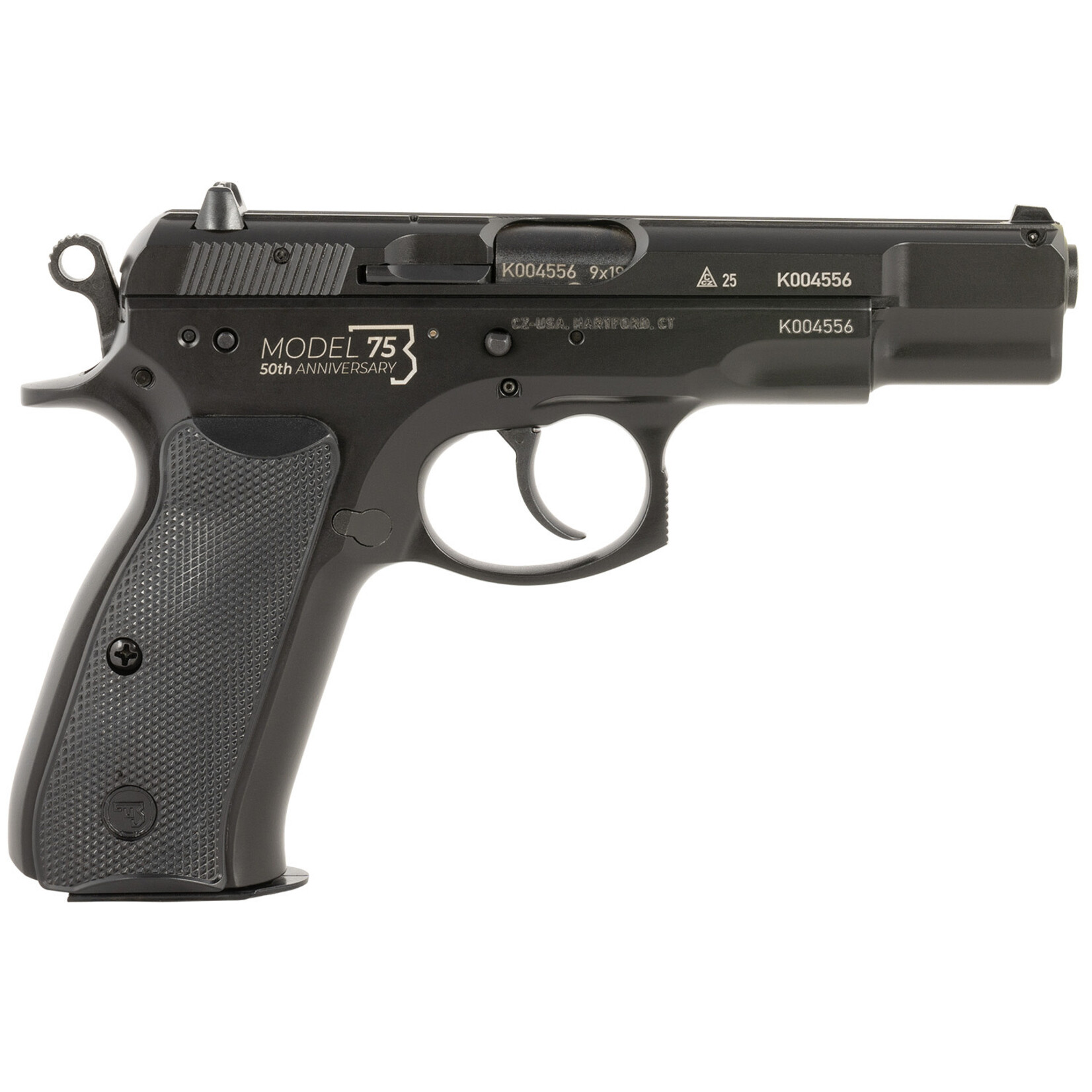 CZ CZ-USA 75BD 50th Anniversary 9mm Luger 16+1 4.60" Black Steel Barrel, Black Steel Serrated Slide w/Engraved w/50th Anniversary, Black Polycoat Steel Frame w/Beavertail, Black Plastic Grip, Ambidextrous