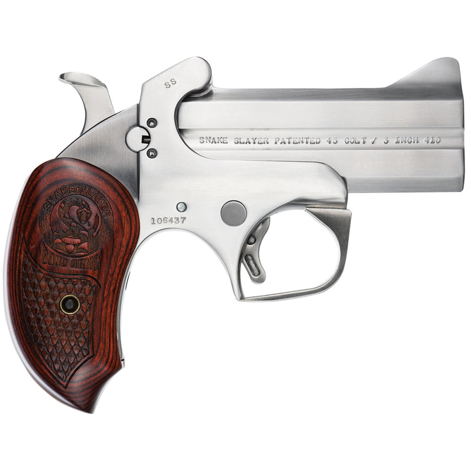 Bond Arms Bond Arms Snakeslayer Original Derringer Single 357 Magnum 2rd 3.50" Barrel, Stainless Metal Finish, Blade Front/Fixed Rear Sights, Extended Rosewood Grip, Removeable Trigger Guard, Manual Safety